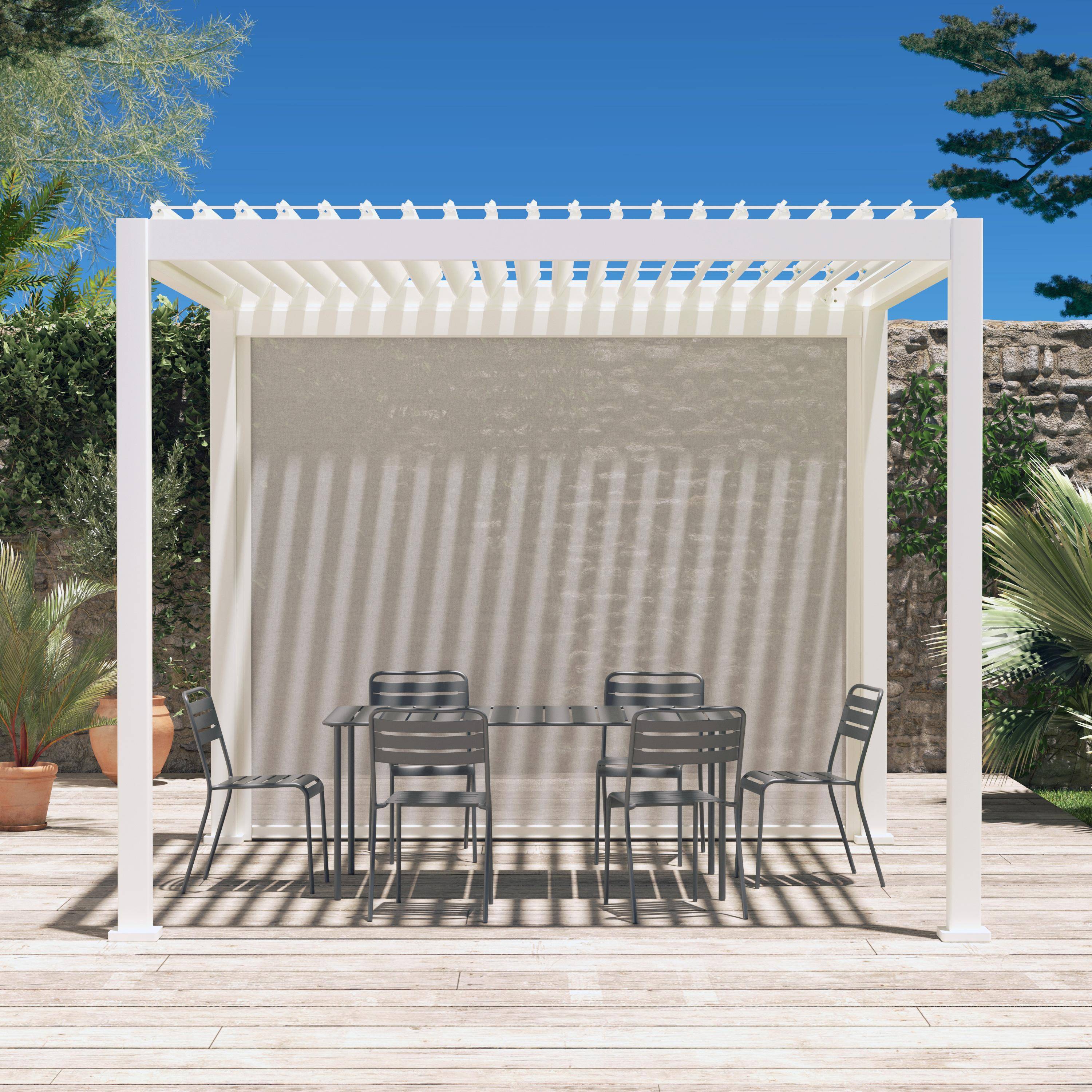 Pergola avec store bioclimatique aluminium et textilène Triomphe blanc 3x3 m lames orientables Photo1