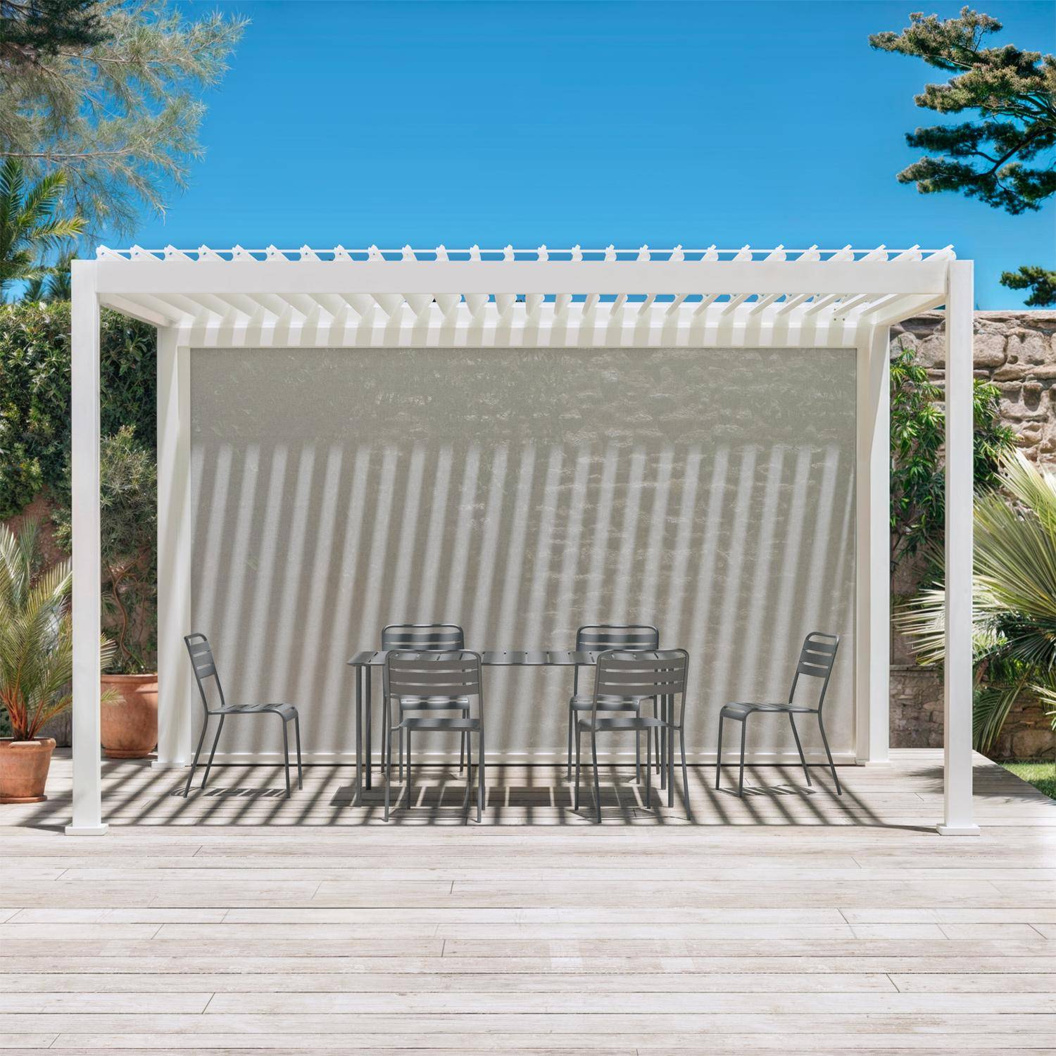 Pergola Bioclimatique blanche – Triomphe – 300x400cm, aluminium, à lames orientables + store 400cm Photo1