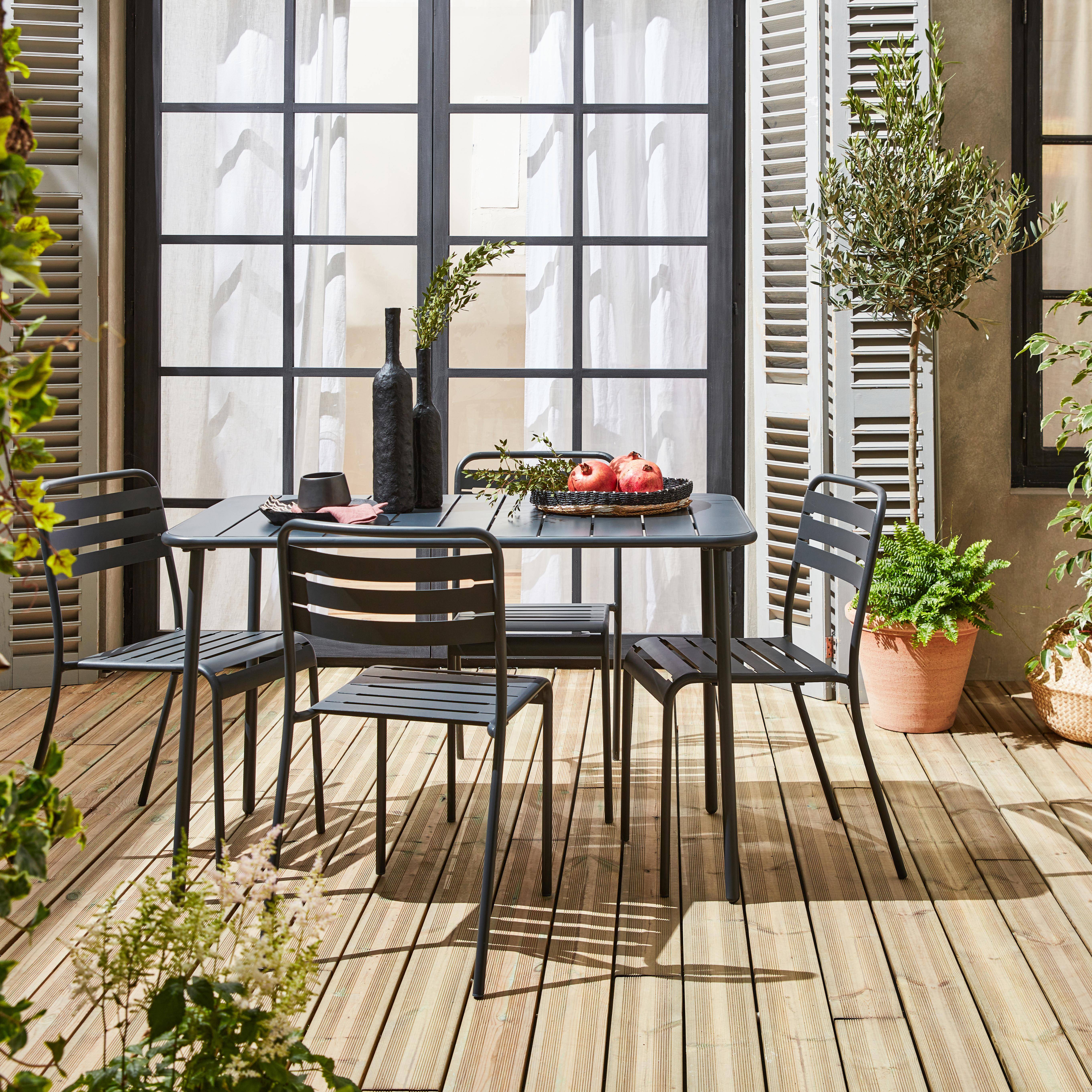 4-seater rectangular steel garden table with 4 chairs, Anthracite