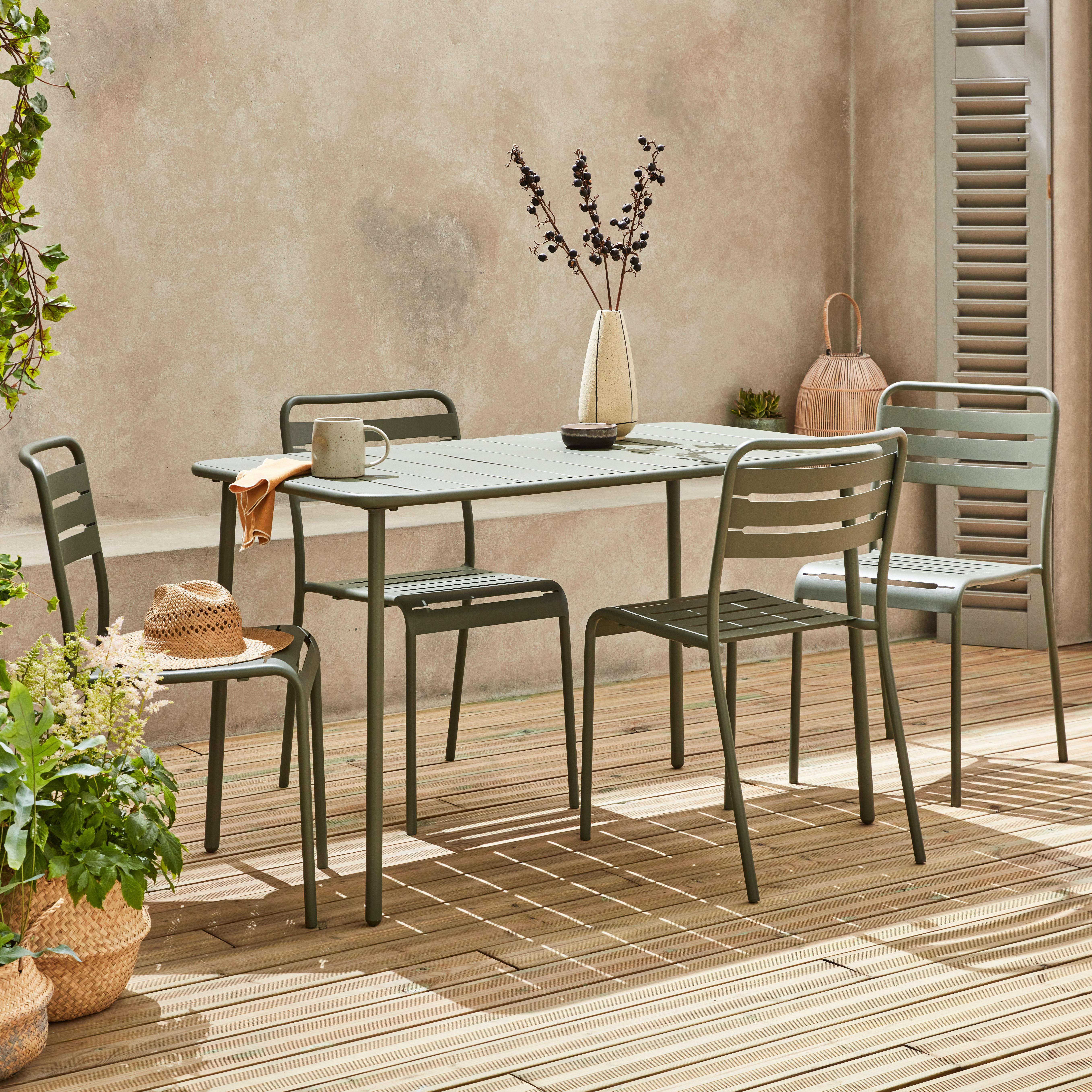 GEEKFIELD MIL KHAKI × SC SLIDE TOP TABLE 4-seater rectangular steel garden table with 4 chairs, Khaki Green