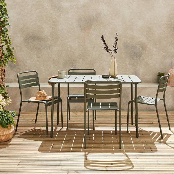 Gartentisch + 4 Stühle Stahl khaki