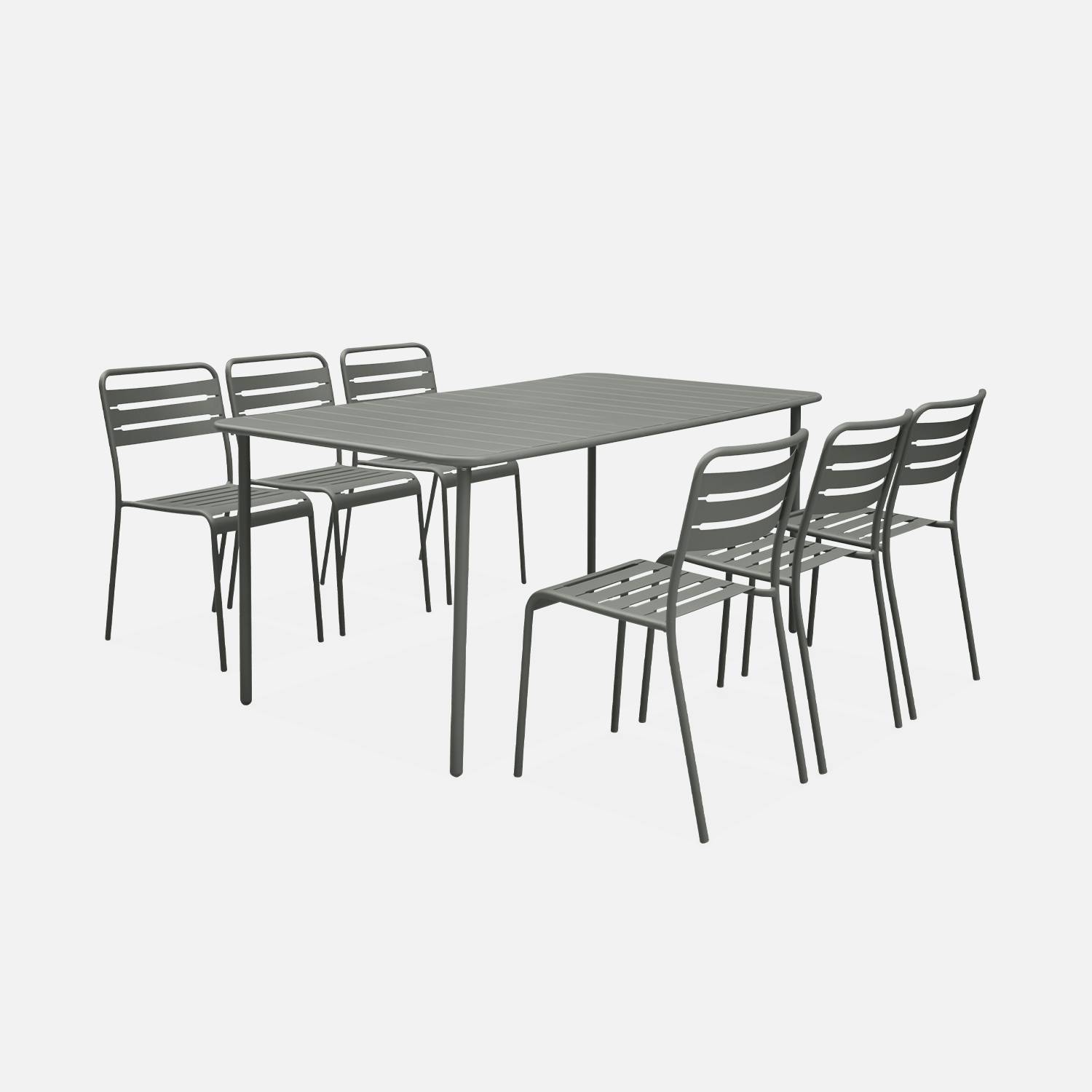 6-8 seater rectangular steel garden table set with chairs, 160cm, khaki green