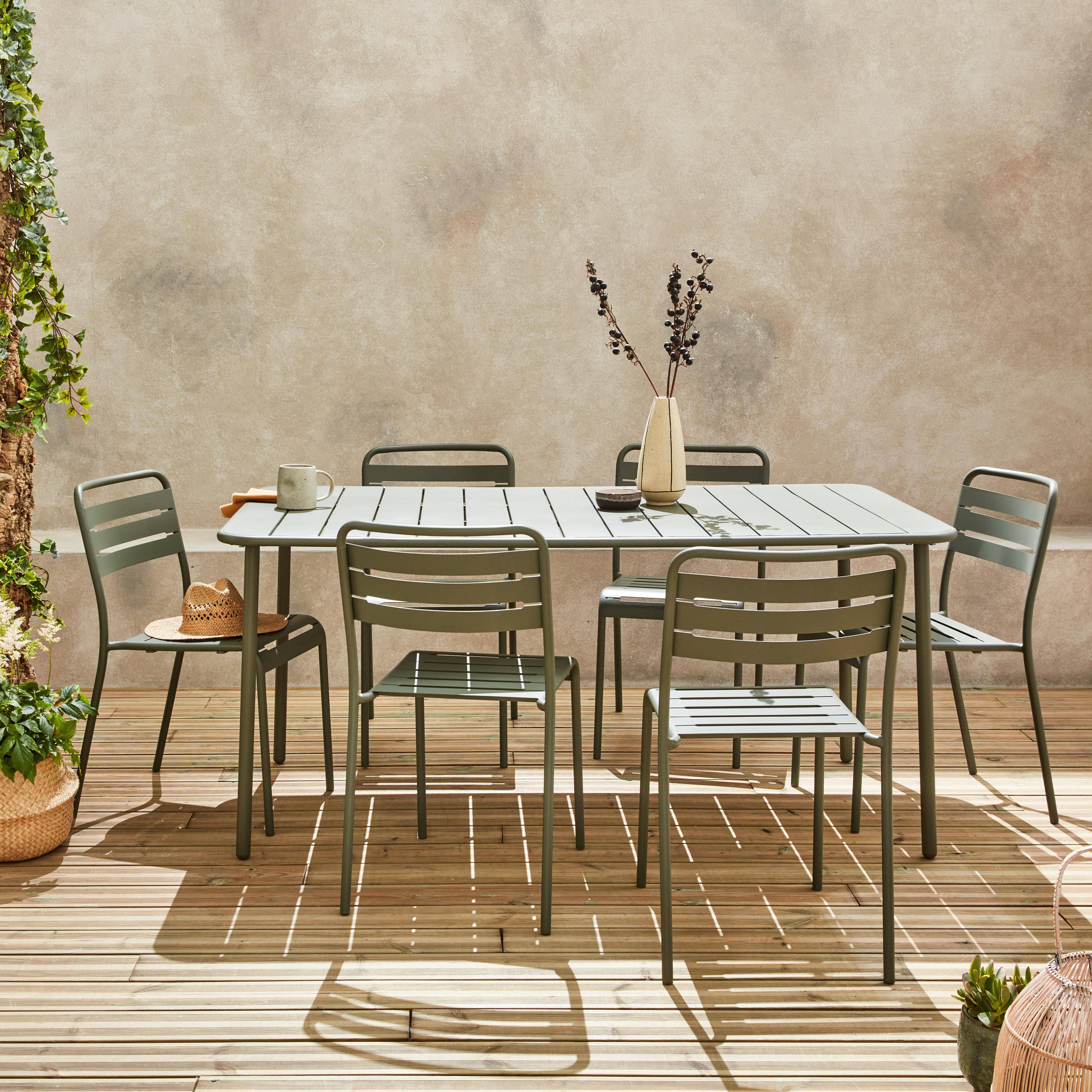 6-8 seater rectangular steel garden table set with chairs, 160cm, khaki green,sweeek,Photo2