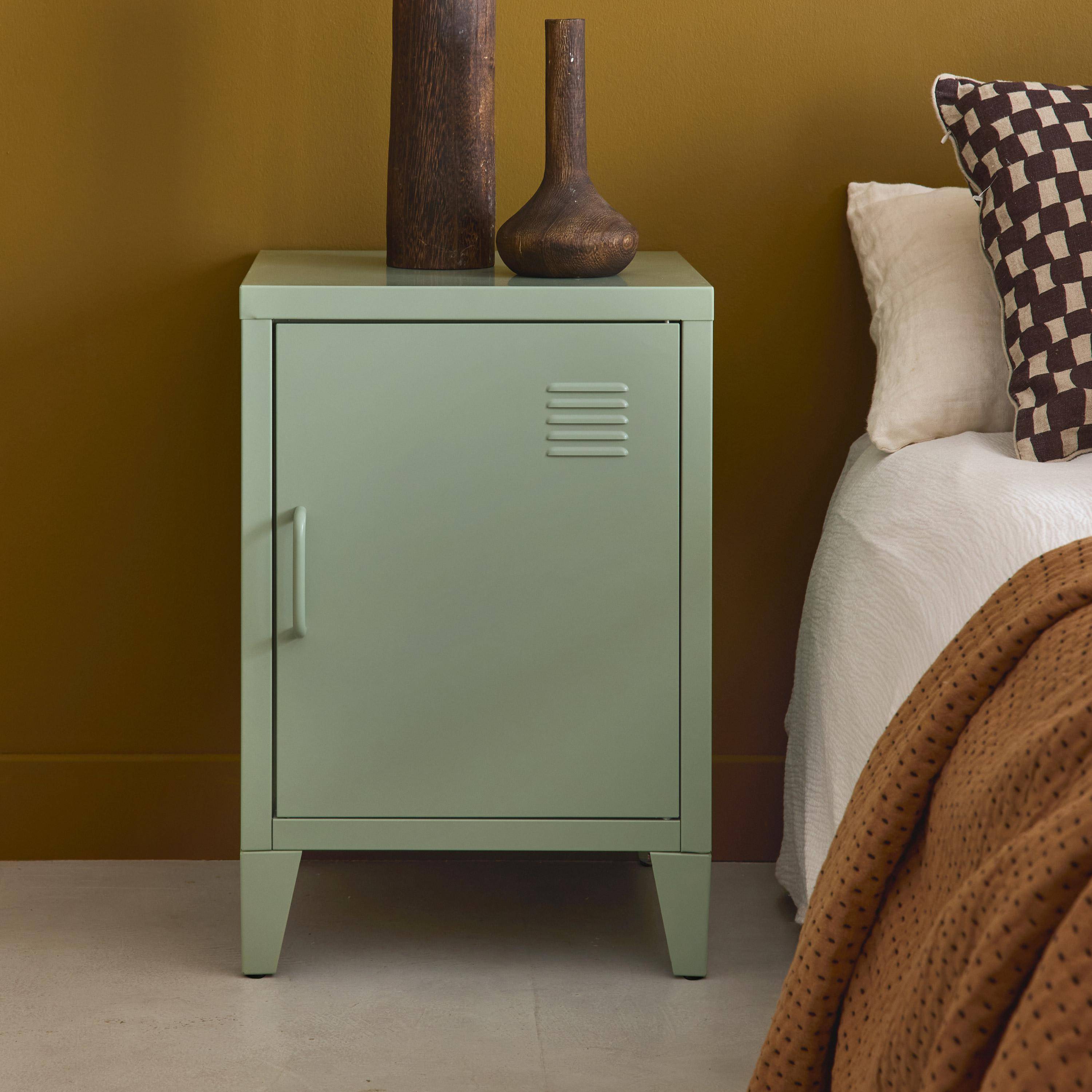 Table de chevet en acier vert, 1 porte, casier  Photo2