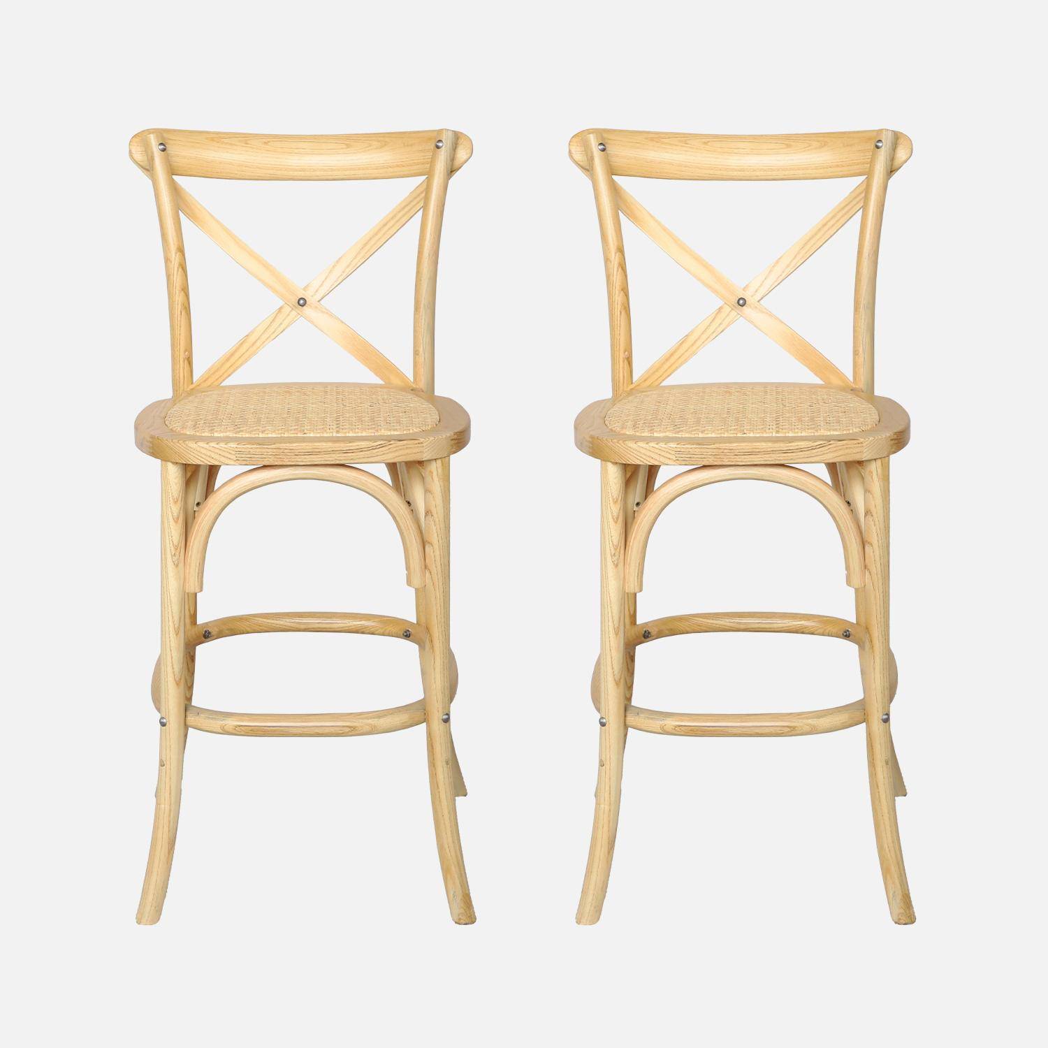 Lot de 2 tabourets de bar bistrot vintage en bois naturel avec repose-pieds  Photo2