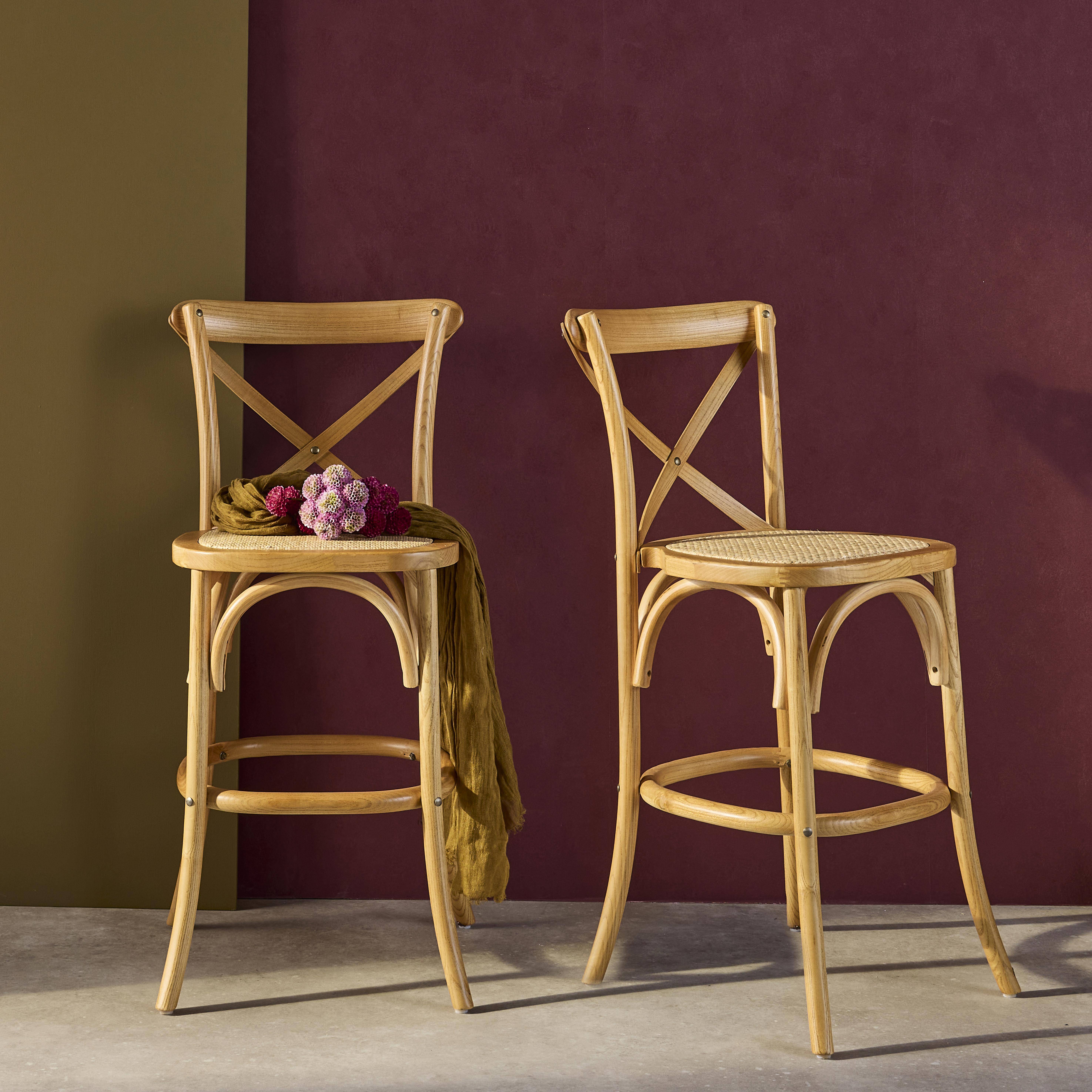 Lot de 2 tabourets de bar bistrot vintage en bois naturel avec repose-pieds  Photo1