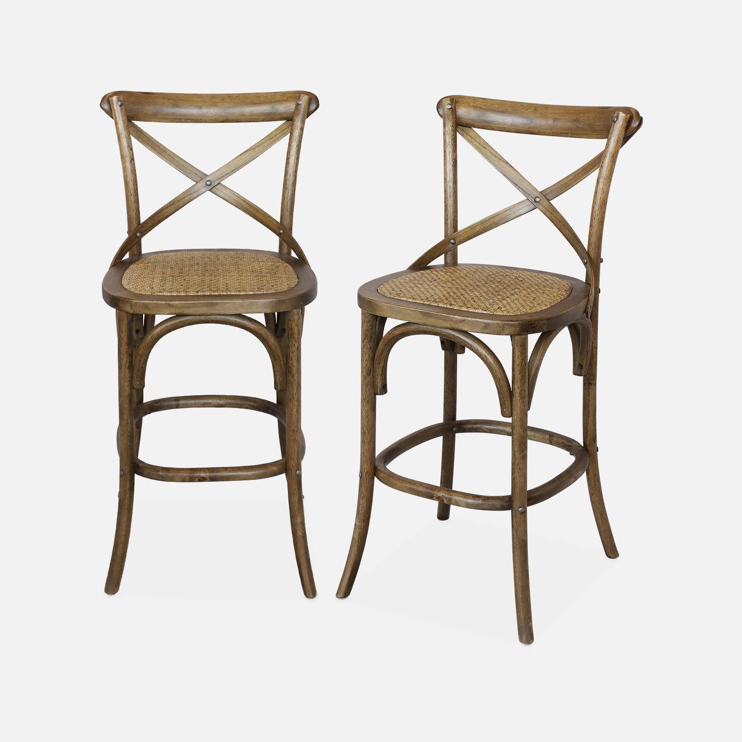 Lot de 2 tabourets de bar bistrot vintage en bois marron vieilli avec repose-pieds  Photo4