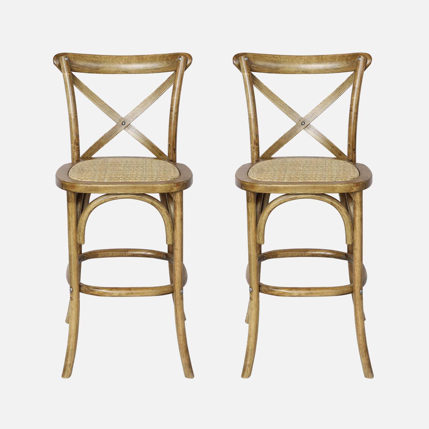 Set van 2 vintage bruine houten bistro barkrukken met voetsteunen Photo2