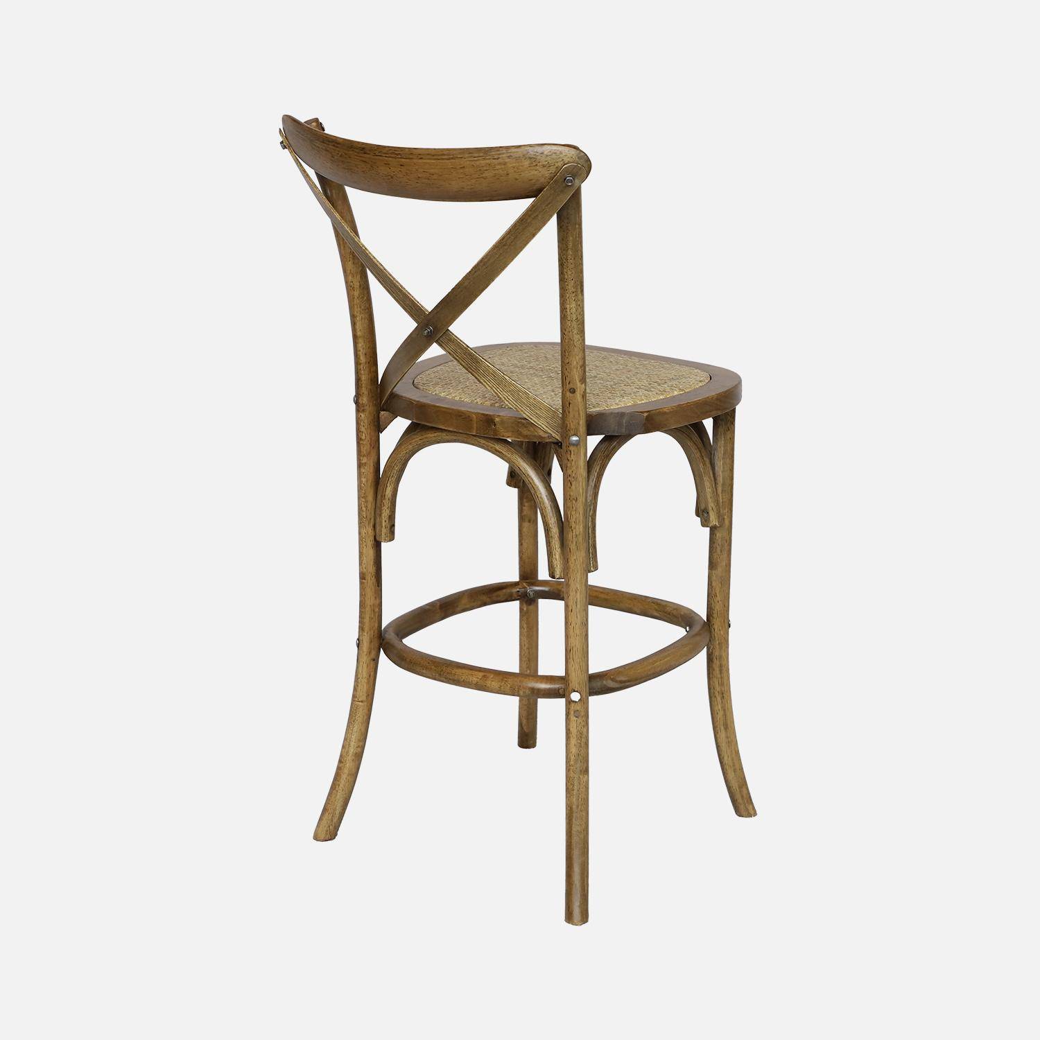 Set van 2 vintage bruine houten bistro barkrukken met voetsteunen Photo3