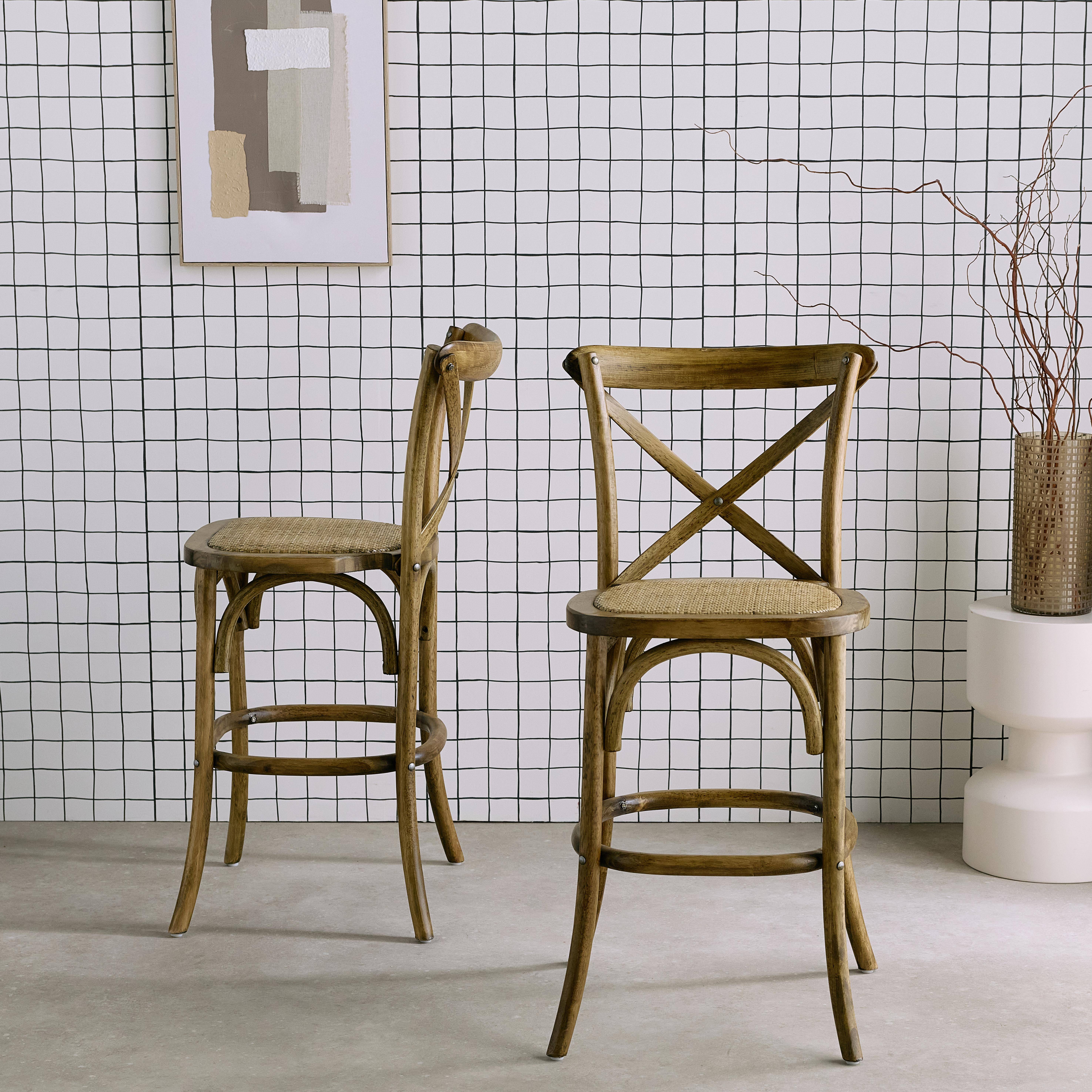 Lot de 2 tabourets de bar bistrot vintage en bois marron vieilli avec repose-pieds  Photo1