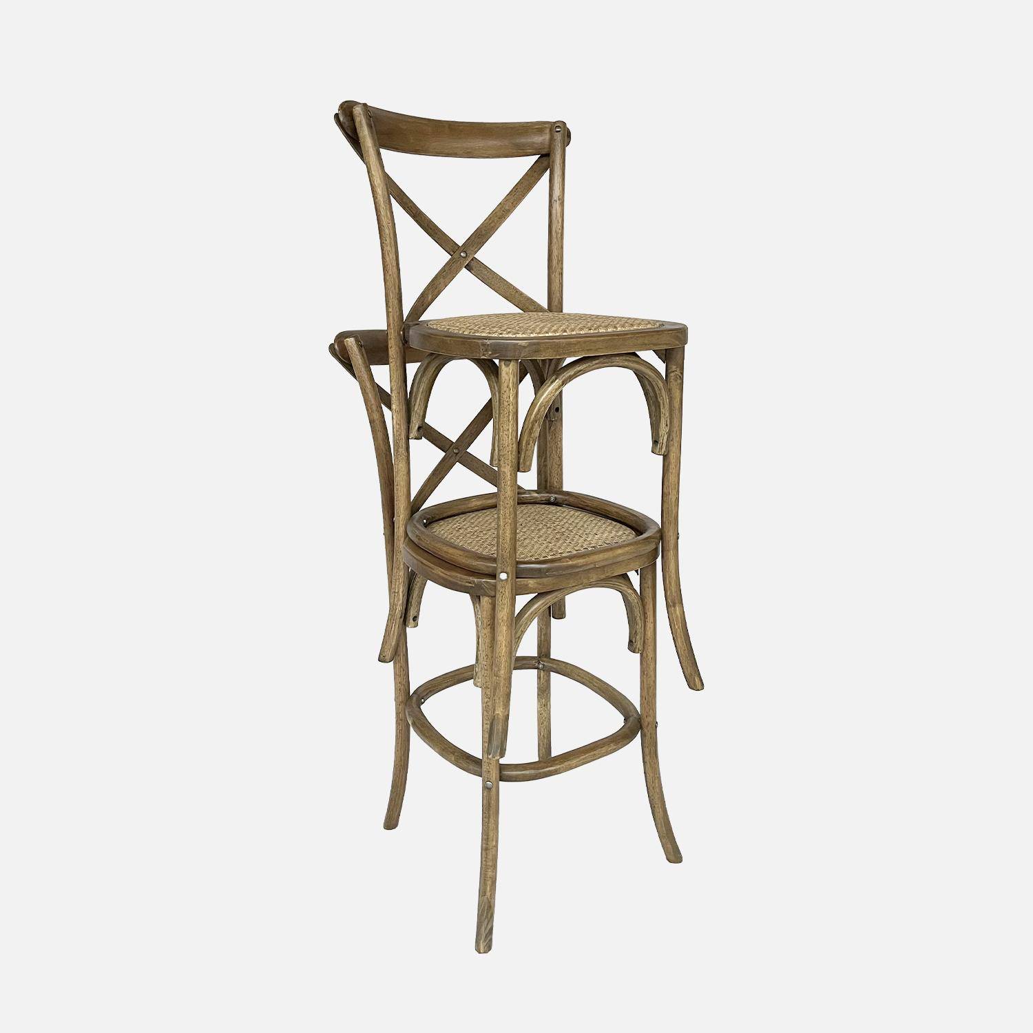 Set van 2 vintage bruine houten bistro barkrukken met voetsteunen Photo4