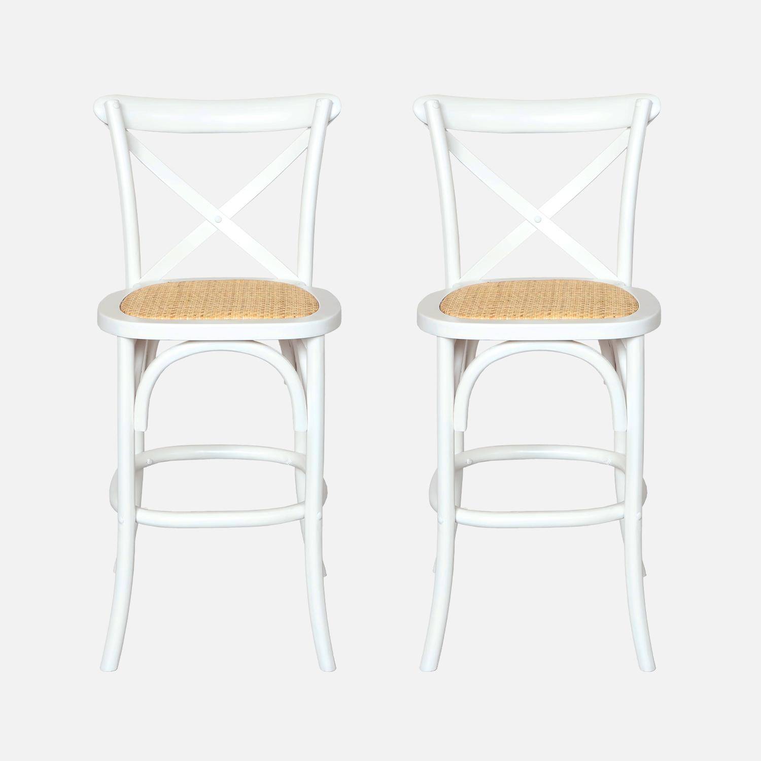 Set van 2 vintage witte houten bistro barkrukken met voetsteunen Photo2
