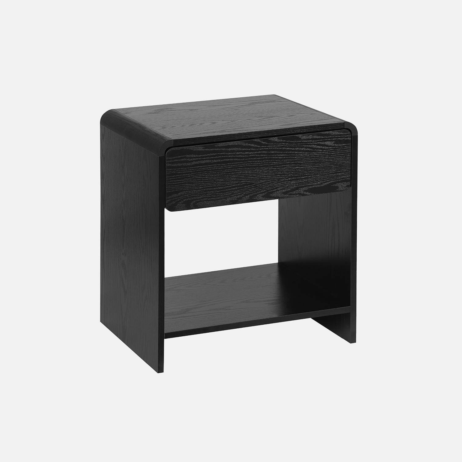 Mesa de cabeceira redonda com decoração em madeira, 1 gaveta e 1 prateleira, Milo, Preto, 50x40x55 cm Photo3