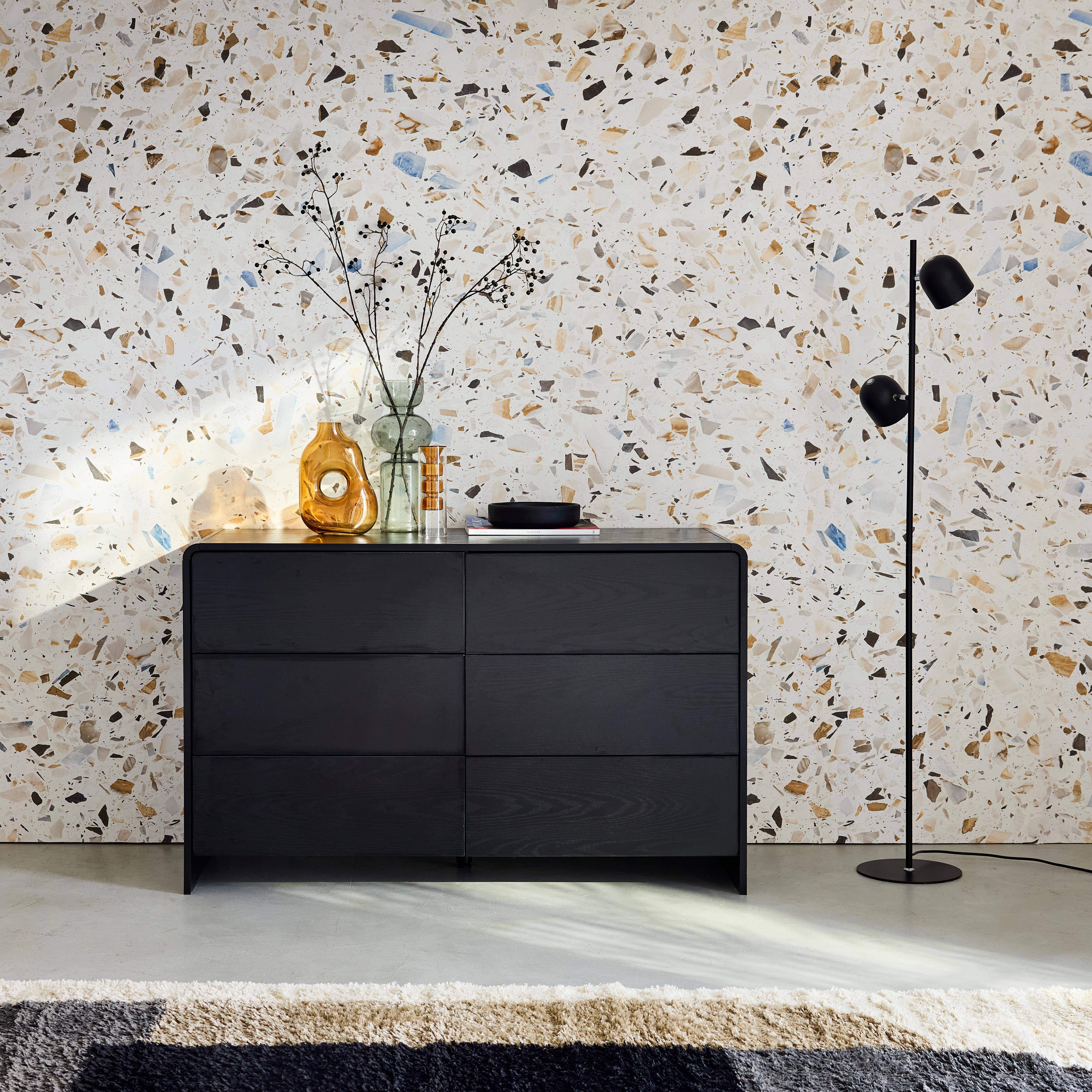 Cassettiera a 6 cassetti arrotondati effetto legno, Milo, Nero, 120x50x75 cm,sweeek,Photo1