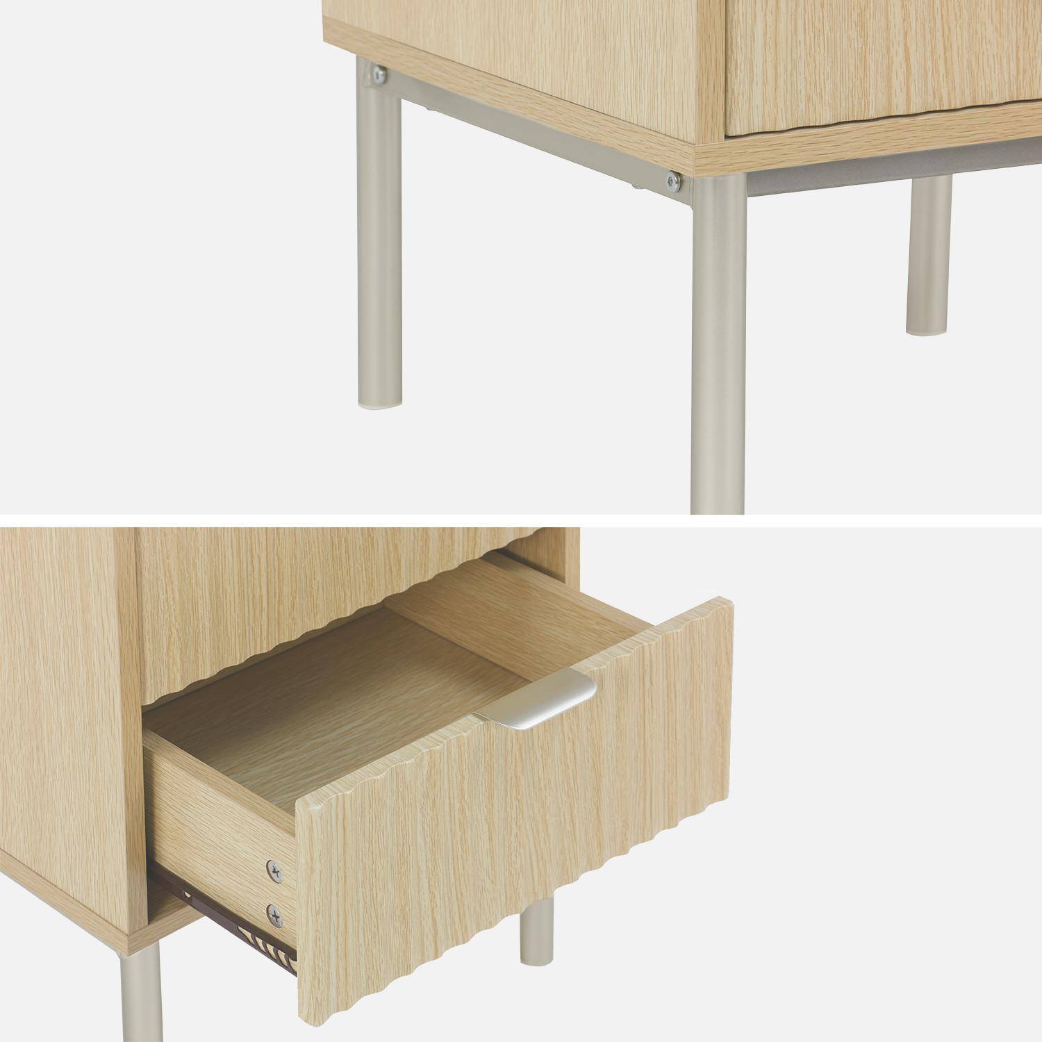 Table de chevet effet bois rainuré et métal, pieds métal champagne, 2 tiroirs ,sweeek,Photo6
