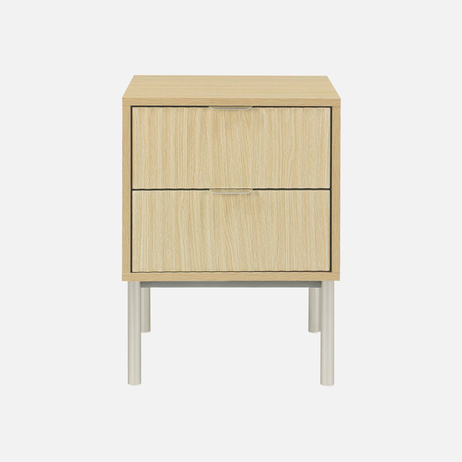 Lot de 2 tables de chevet effet bois rainuré et métal, pieds métal champagne, 2 tiroirs ,sweeek,Photo4