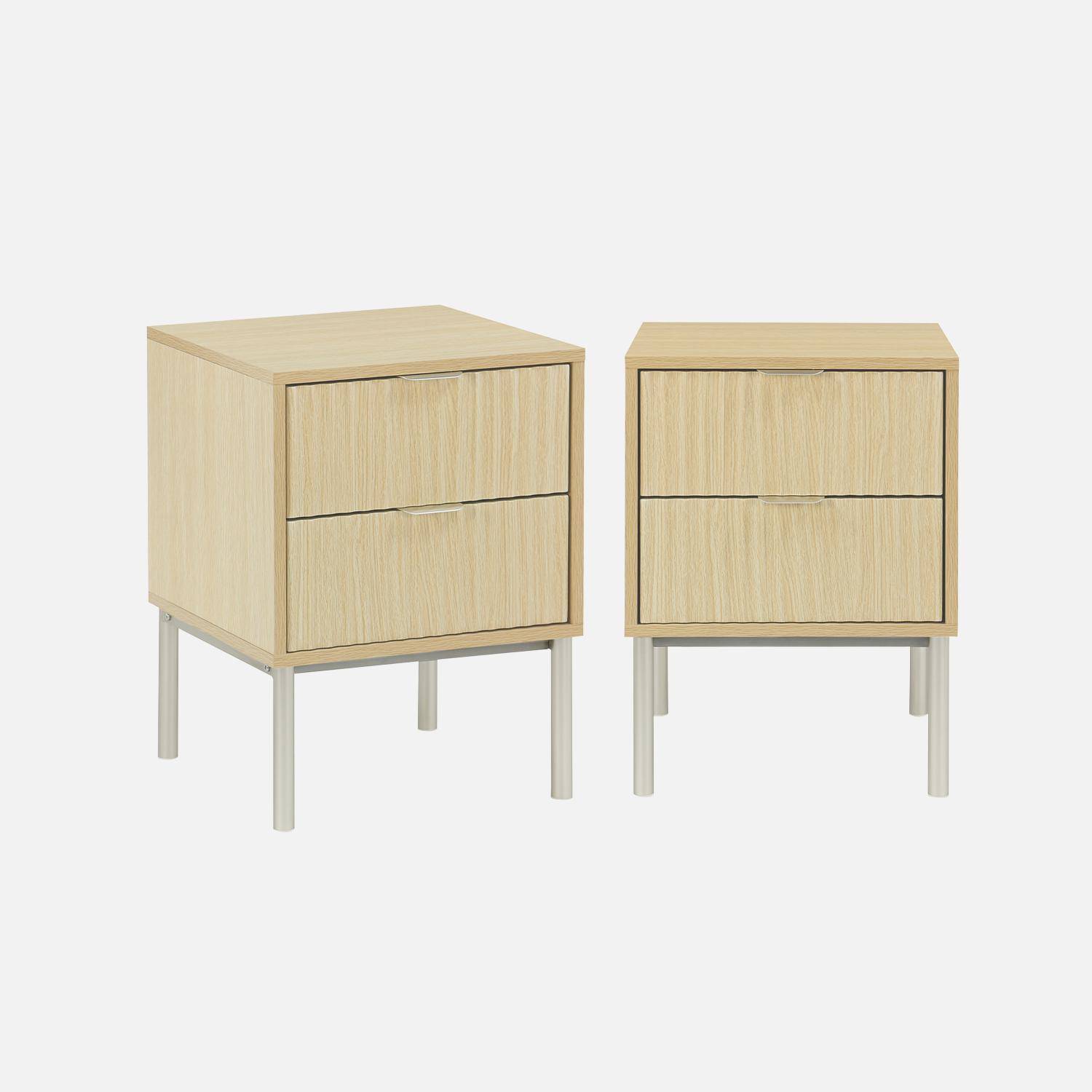 Lot de 2 tables de chevet effet bois rainuré et métal, pieds métal champagne, 2 tiroirs ,sweeek,Photo3