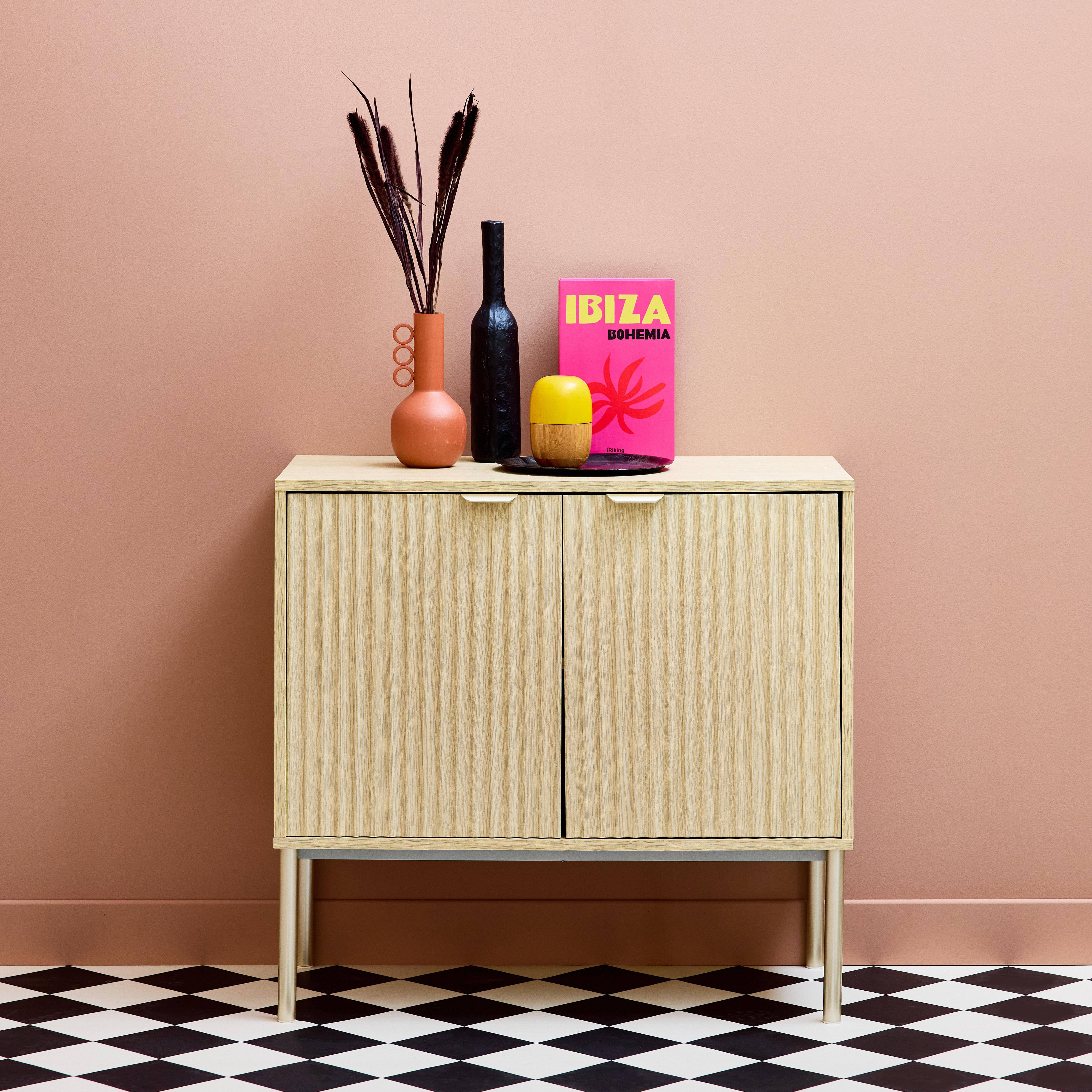 Buffet effet bois rainuré et métal champagne, 2 portes 80cm, buffet bas Photo2