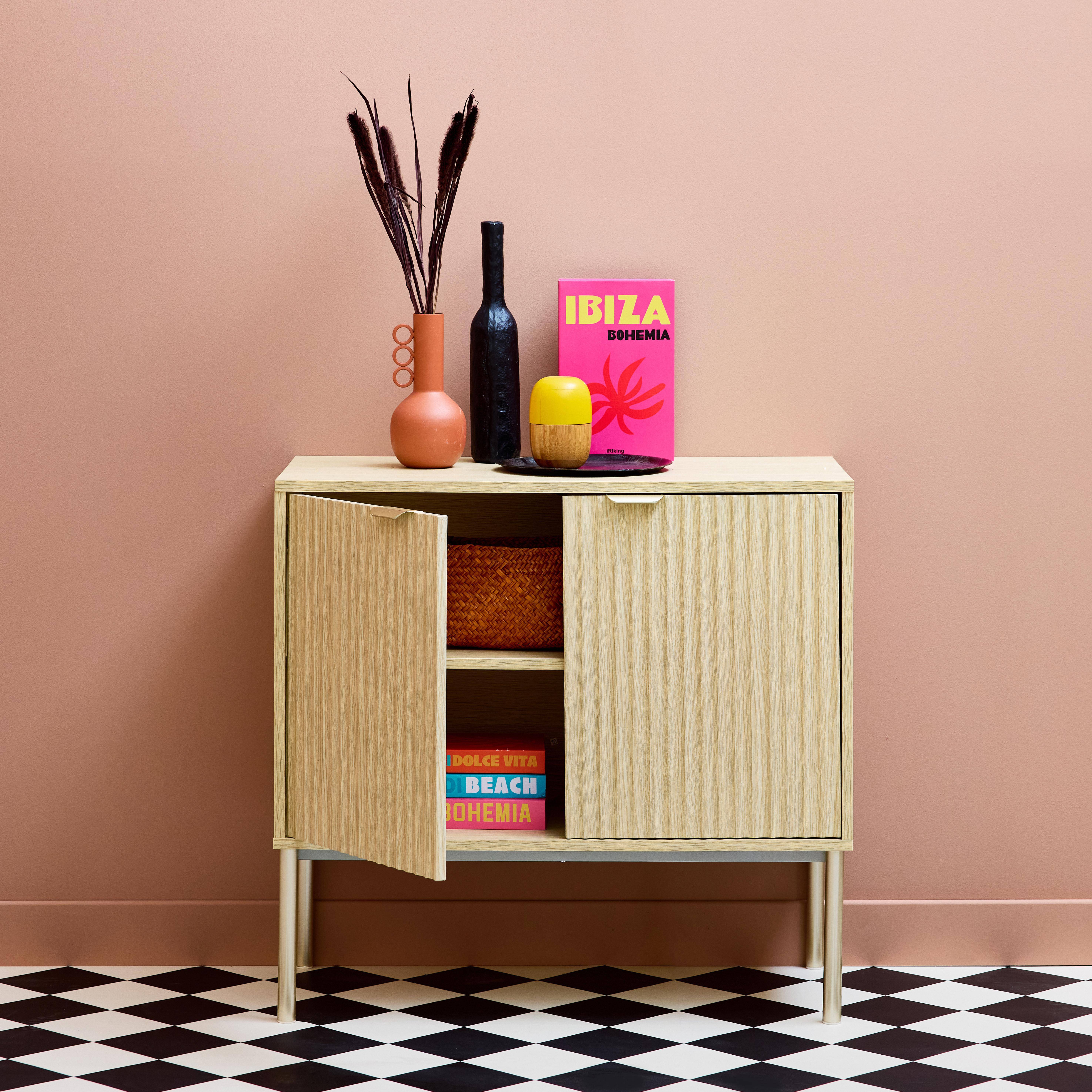 Buffet effet bois rainuré et métal champagne, 2 portes 80cm, buffet bas Photo1