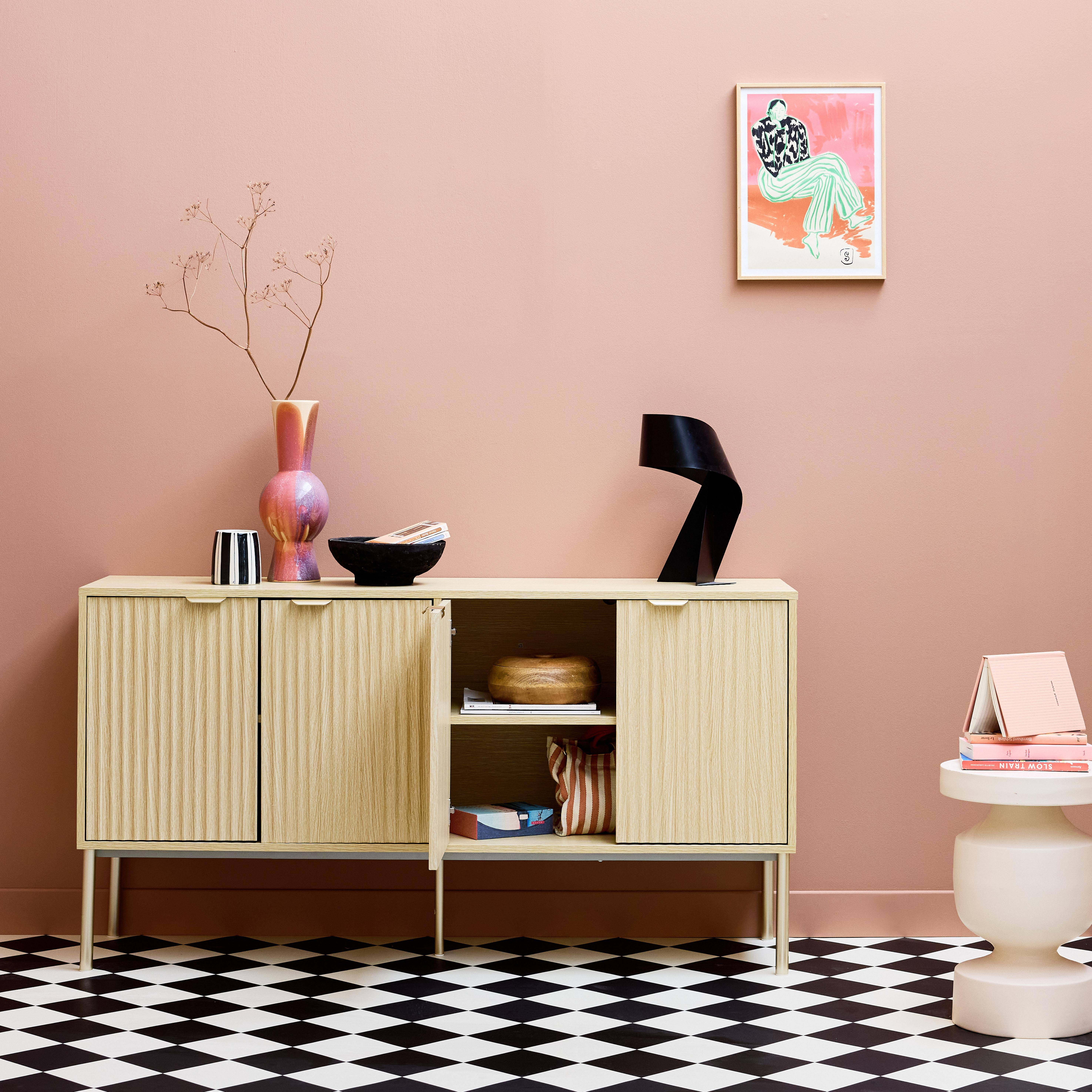 Buffet effet bois rainuré et métal champagne, buffet bas, 4 portes, 140cm  Photo1