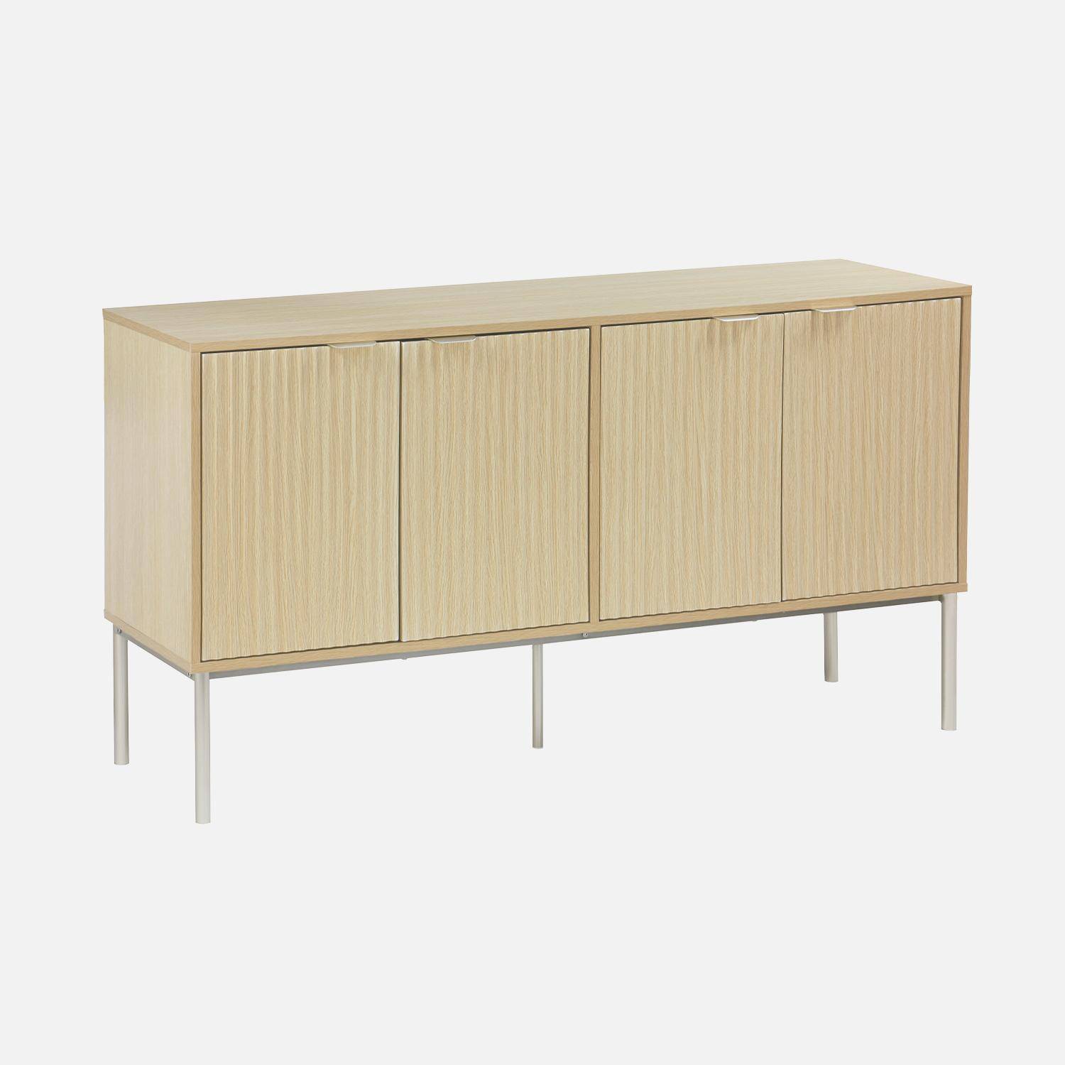 Buffet effet bois rainuré et métal champagne, 4 portes 140cm  Photo1