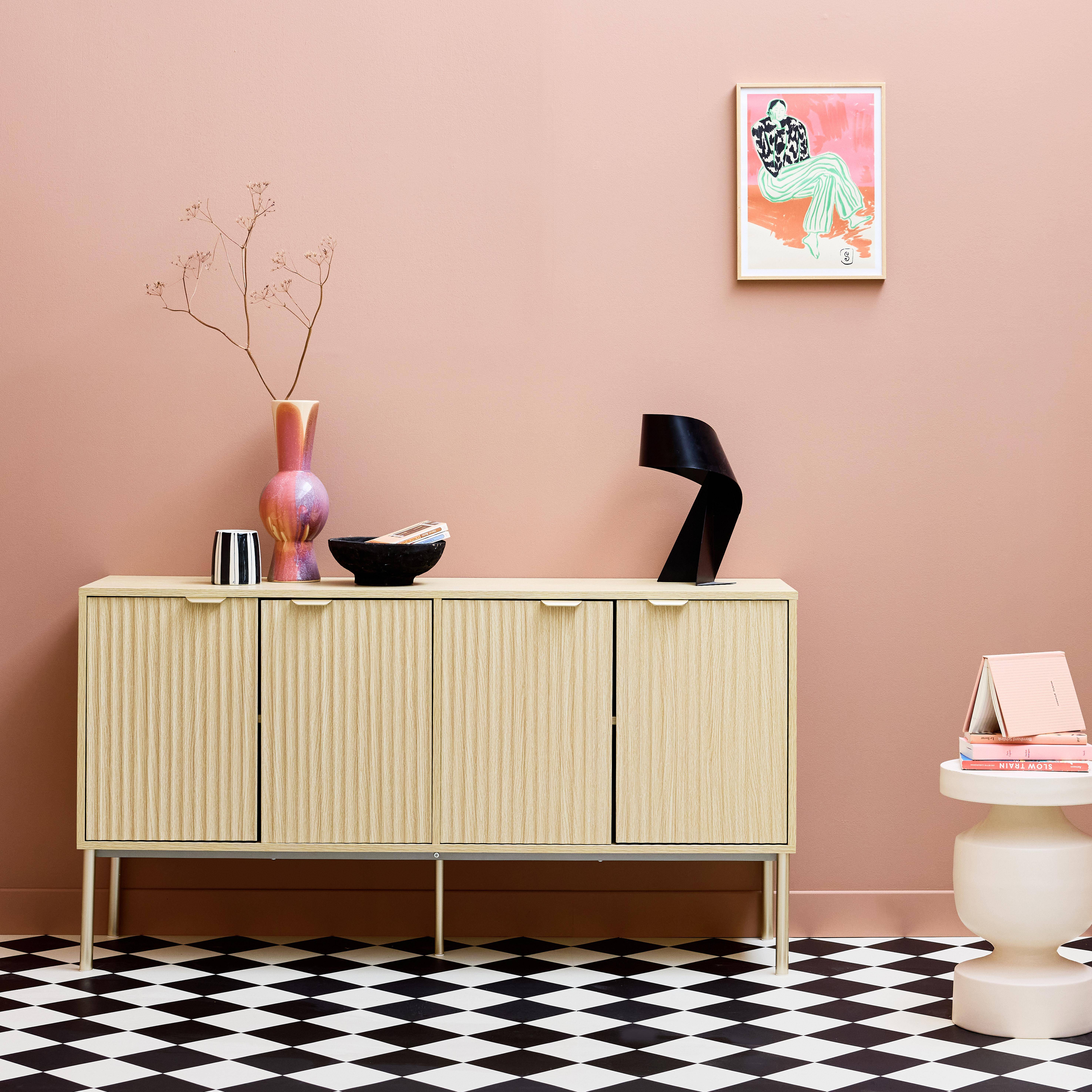 Buffet effet bois rainuré et métal champagne, buffet bas, 4 portes, 140cm  Photo2