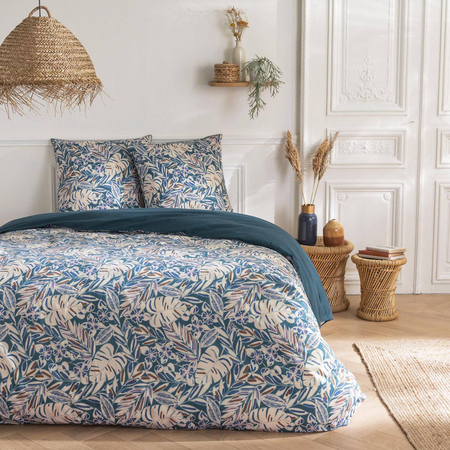 Parure de lit réversible 240x220cm imprimé feuillage bleu et blanc en coton  Photo1