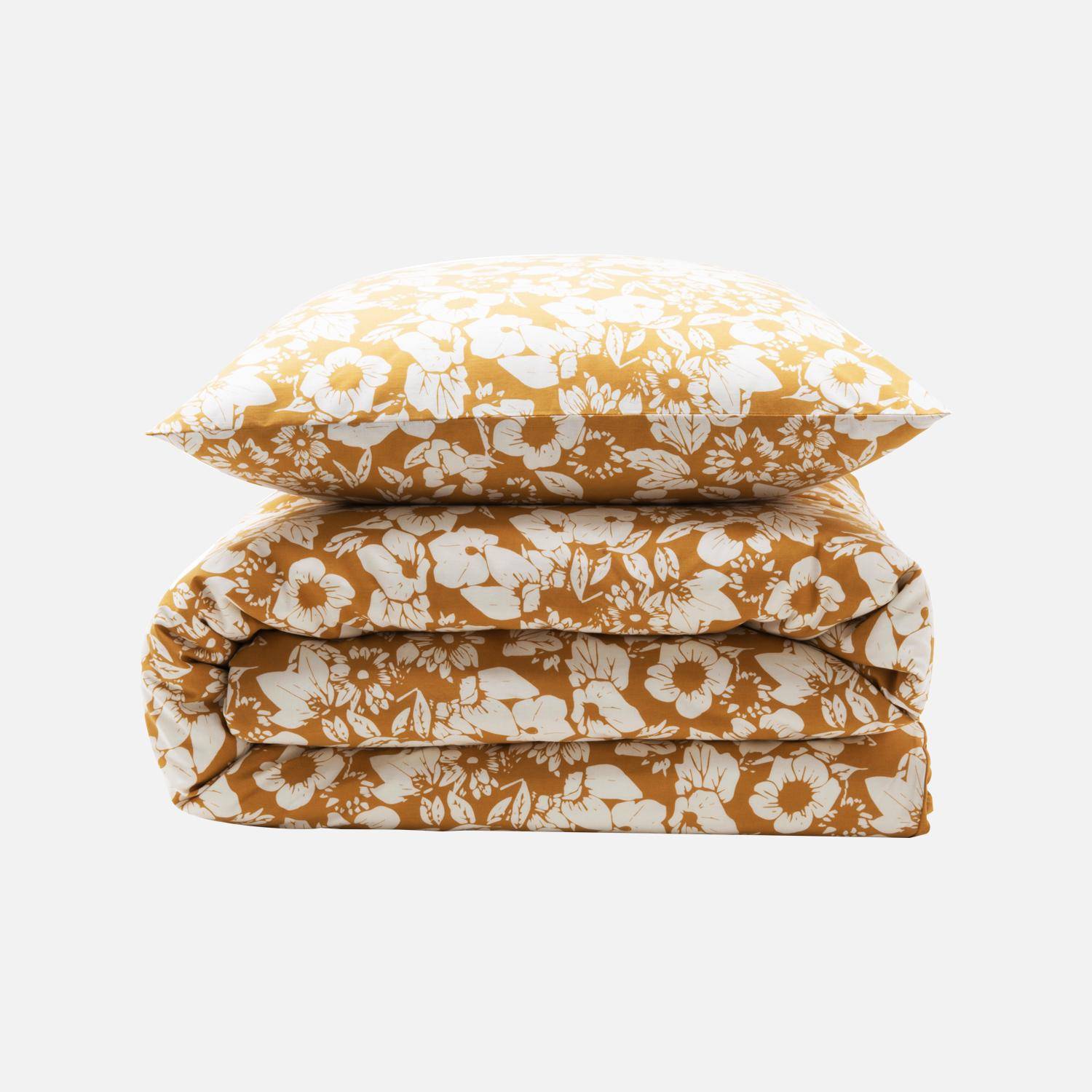 Parure de lit réversible 240x220cm imprimé floral moutarde et blanc en coton  Photo3