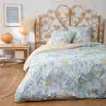 Parure de lit réversible 240x220cm imprimé feuillage bleu clair, blanc et moutarde en coton  Photo1