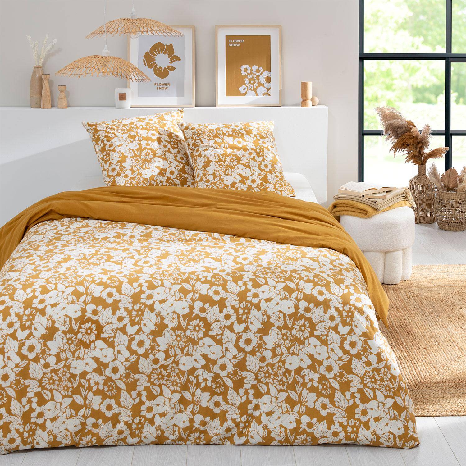 Parure de lit réversible 260x240cm imprimé floral moutarde et blanc en coton  Photo1
