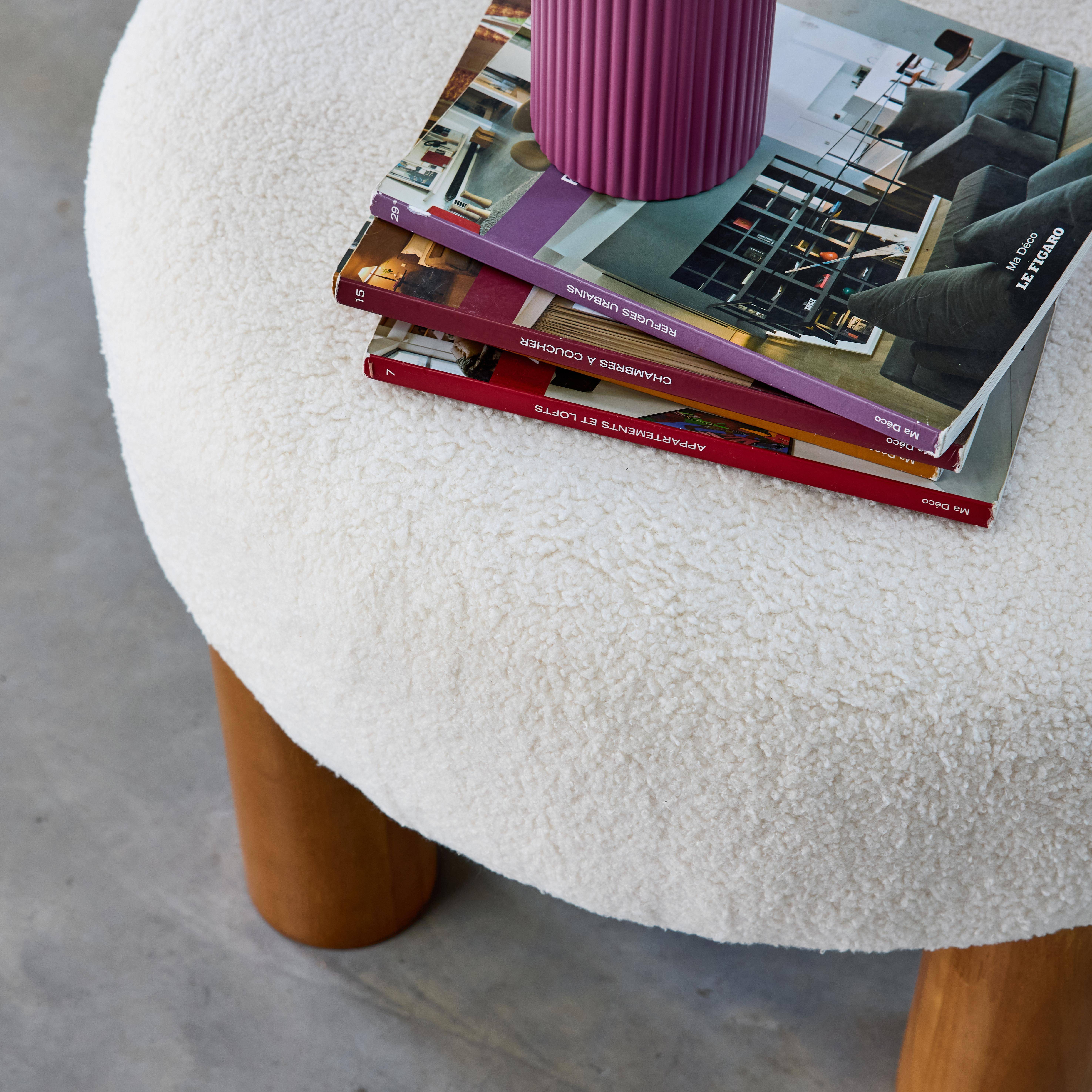 Tabouret pouf, pieds en bois d'hévéa et tissu bouclette, blanc  Photo2