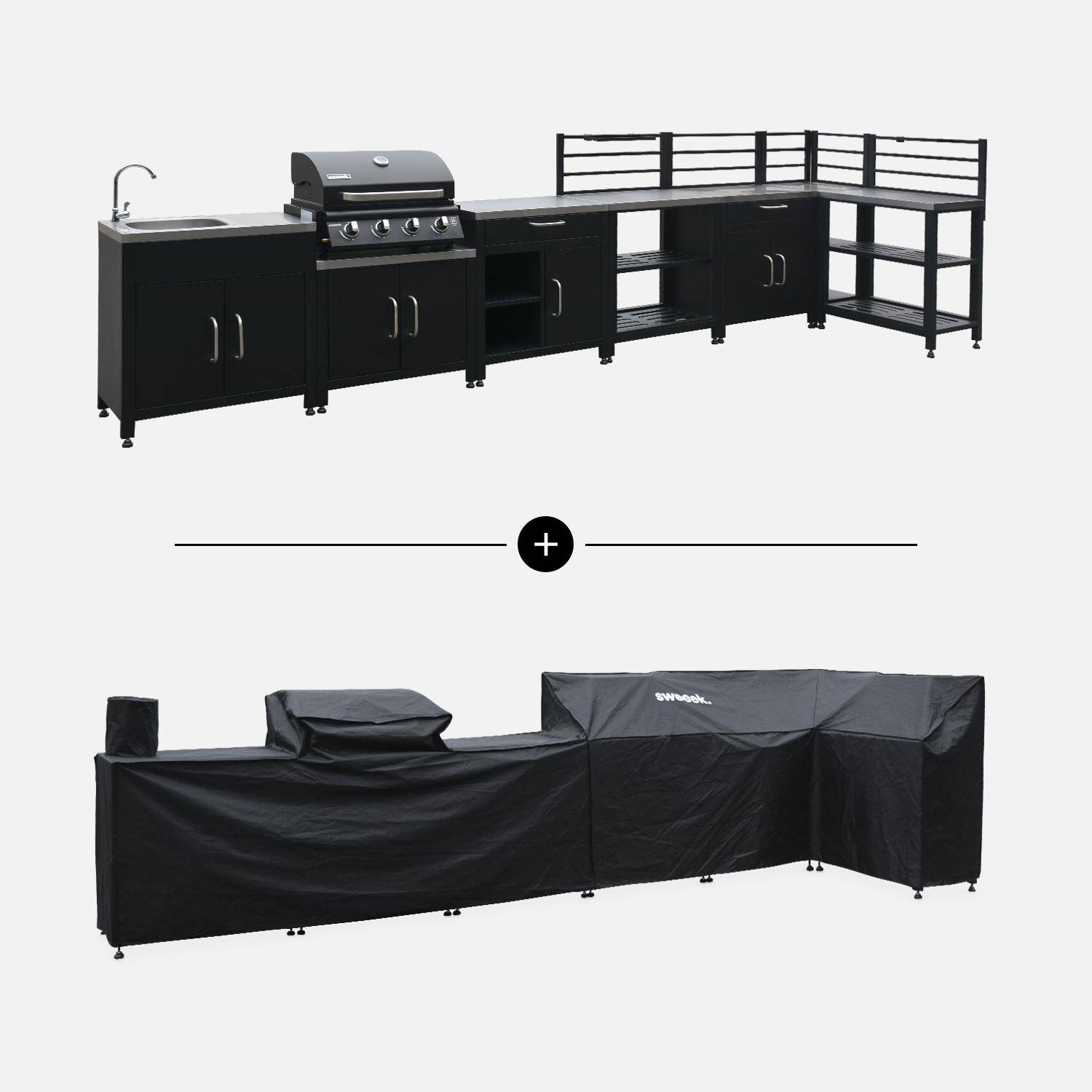 Ensemble de meubles de cuisine extérieure en acier inoxydable 8 modules avec barbecue au gaz 4 brûleurs et housse de protection Photo1
