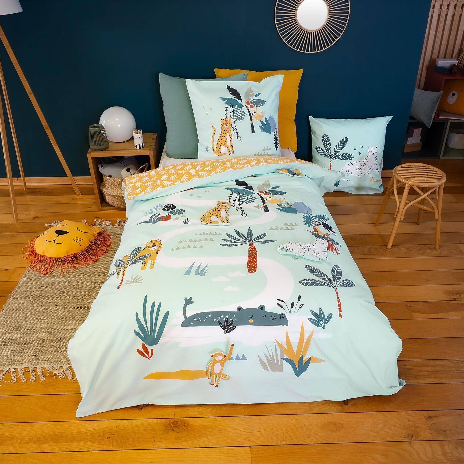 Omkeerbaar 1-persoons bedset van polykatoen met dieren- en savanneprint, 1 dekbedovertrek en 1 kussen,sweeek,Photo1