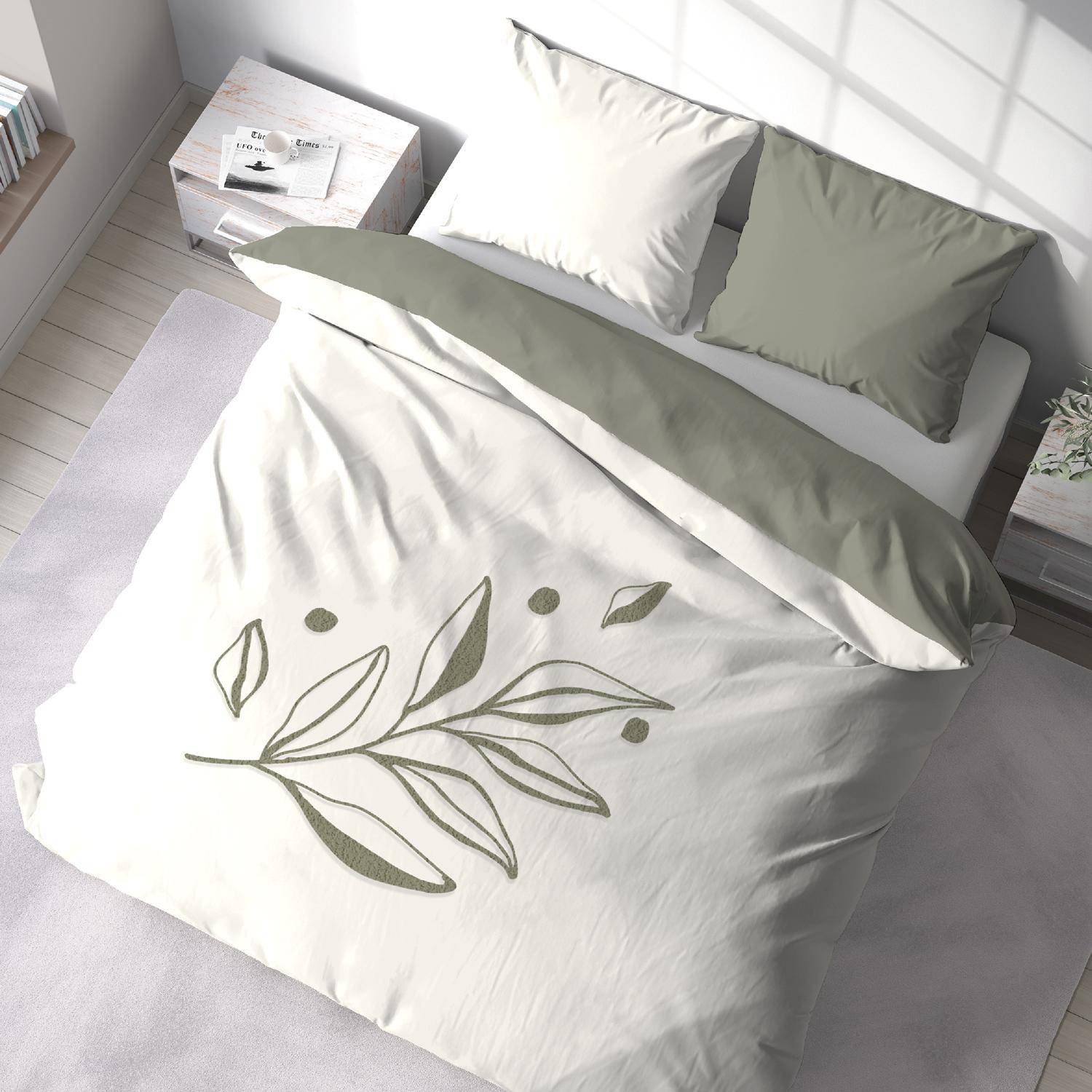 Parure de lit imprimé végétal blanc et kaki 240 x 220 cm en coton lavé  Photo2