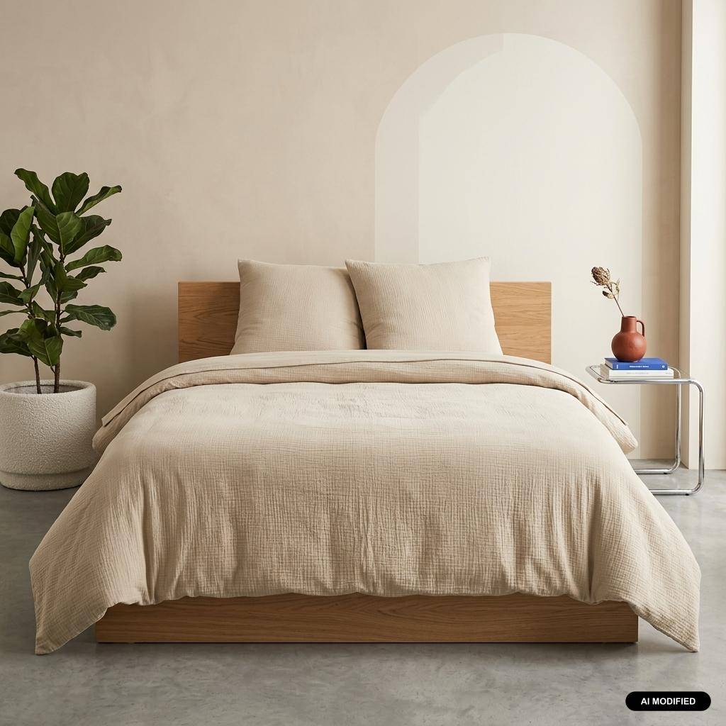 Parure de lit gaze de coton beige 1 housse de couette avec taie d'oreiller 260 x 240cm Photo1