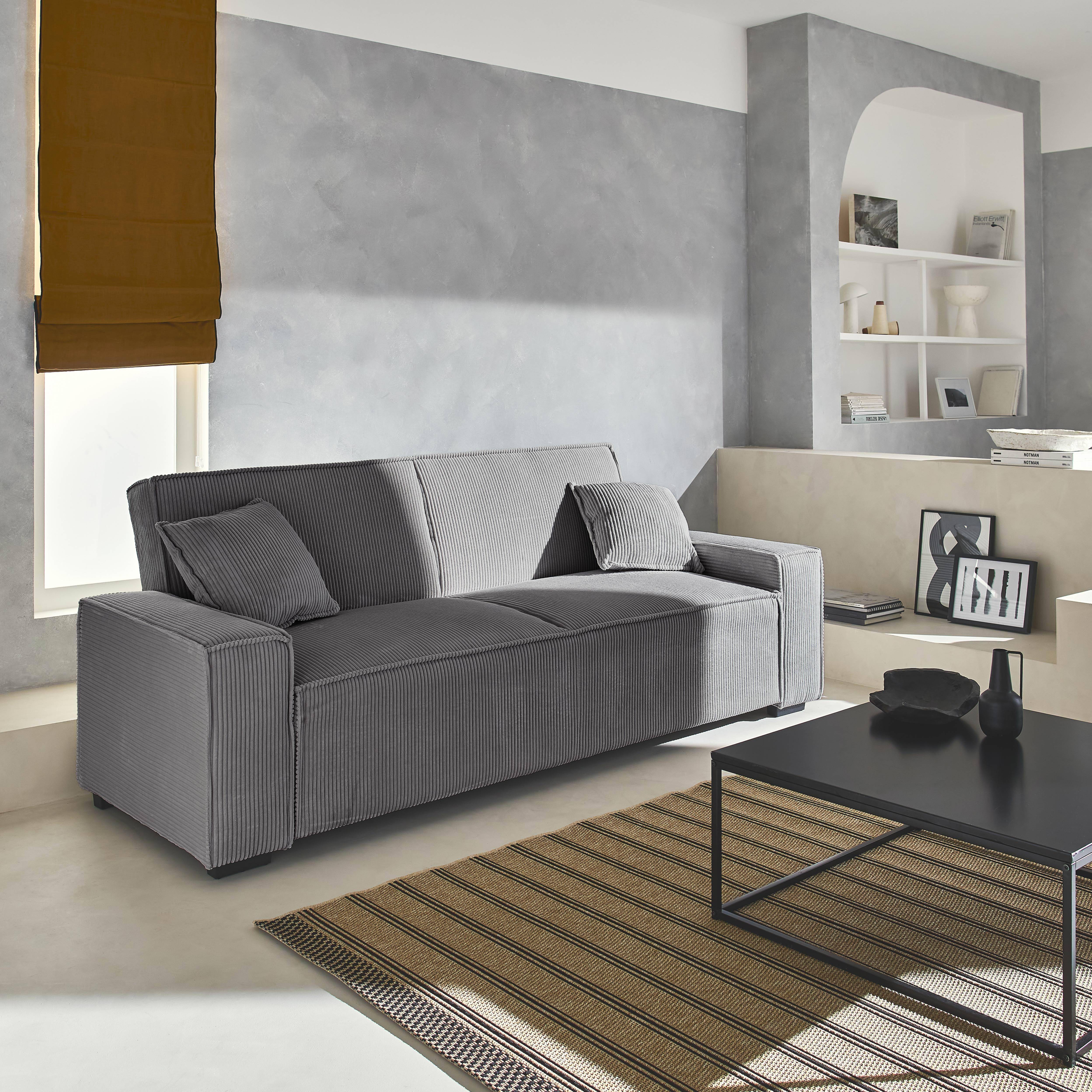 Canapé 3 Places En Velours Côtelé Gris - Largeur 180 Cm, Modulaire, Dossier Et Accoudoirs, Montage Facile - Pour Salon Ou Bureau - 6