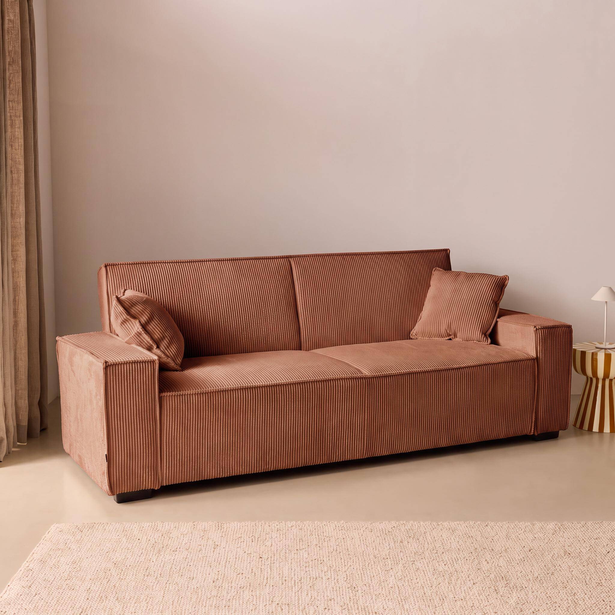 Canapé convertible 3 places camel velours côtelé L 231 x P 96,5 x H 80cm Photo2