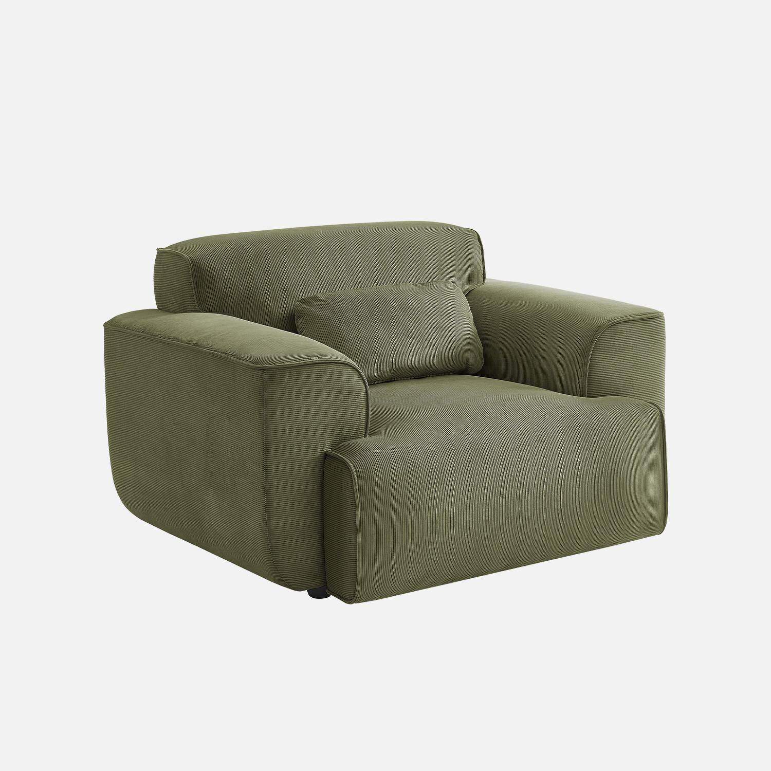 Fauteuil velours côtelé vert, lignes arrondies, coussin fourni, Wallas, L 116 x P 97 x H 73cm Photo3