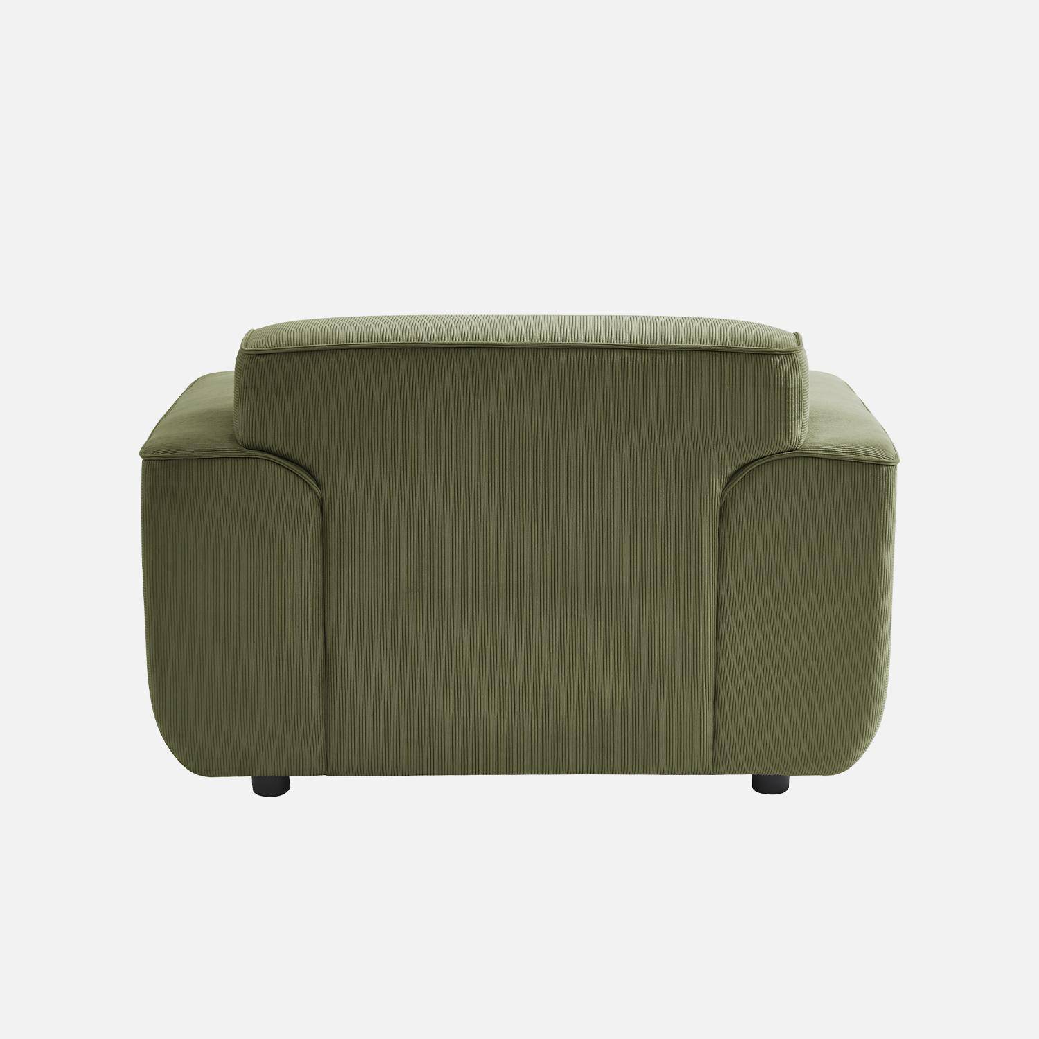 Fauteuil velours côtelé vert, lignes arrondies, coussin fourni, Wallas, L 116 x P 97 x H 73cm Photo5