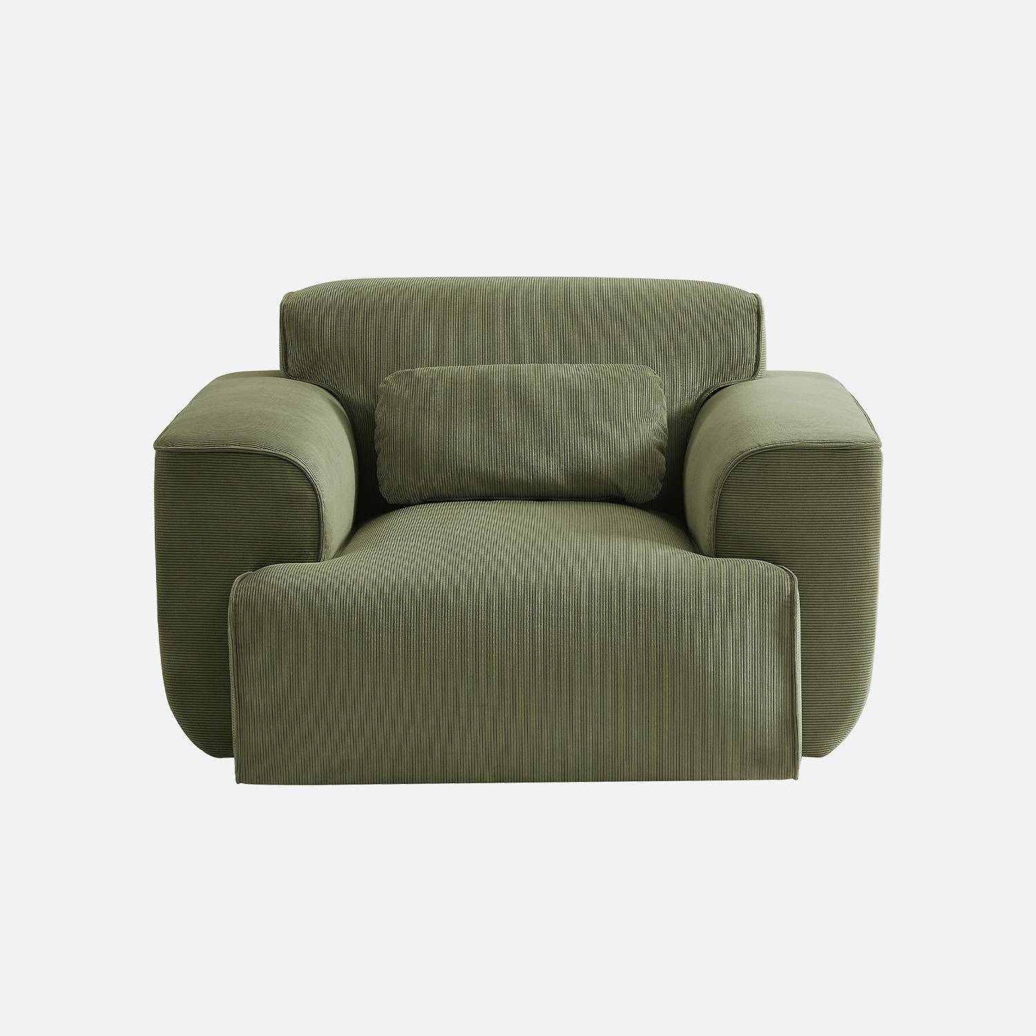 Fauteuil velours côtelé vert, lignes arrondies, coussin fourni, Wallas, L 116 x P 97 x H 73cm Photo4