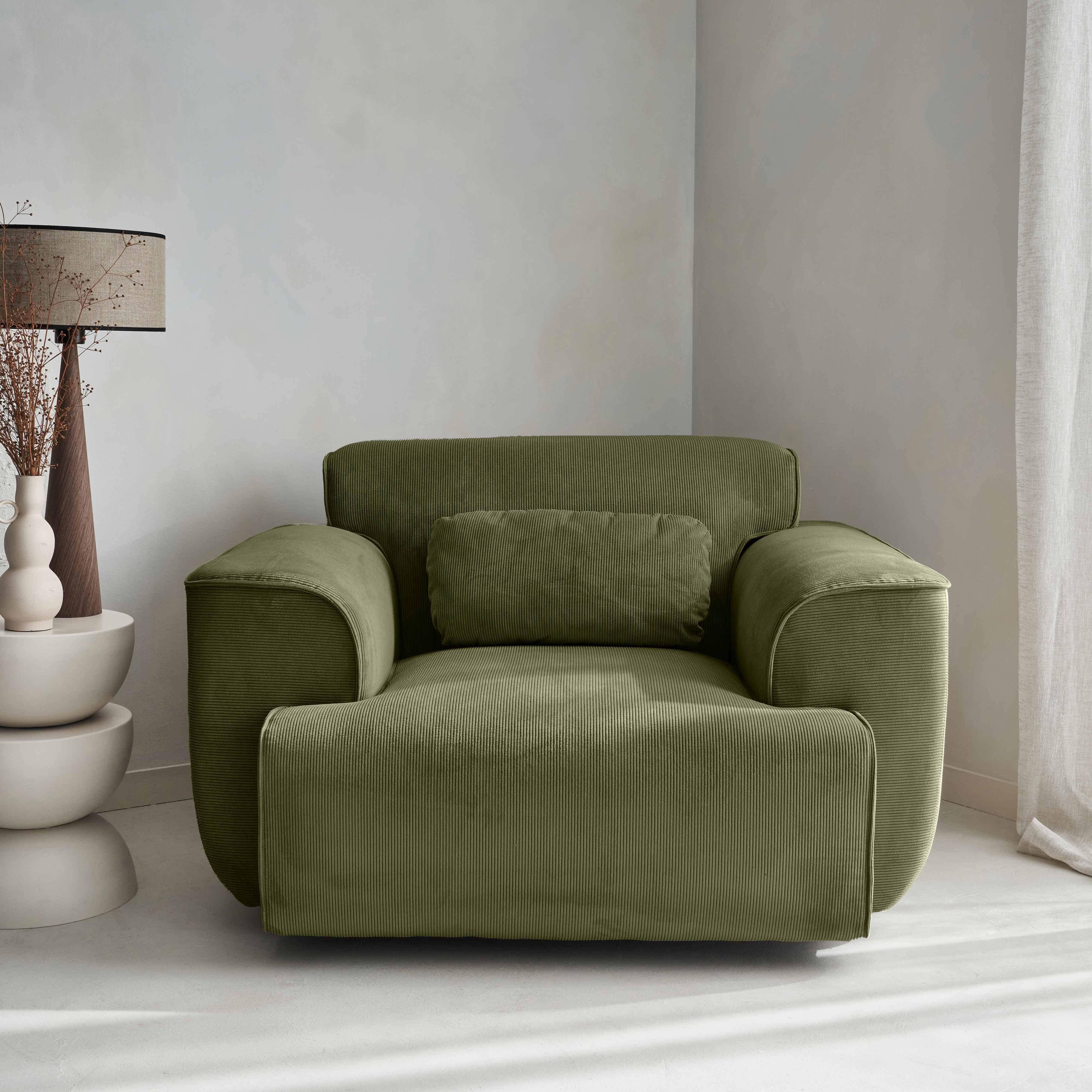 Fauteuil velours côtelé vert, lignes arrondies, coussin fourni, Wallas, L 116 x P 97 x H 73cm,sweeek,Photo2