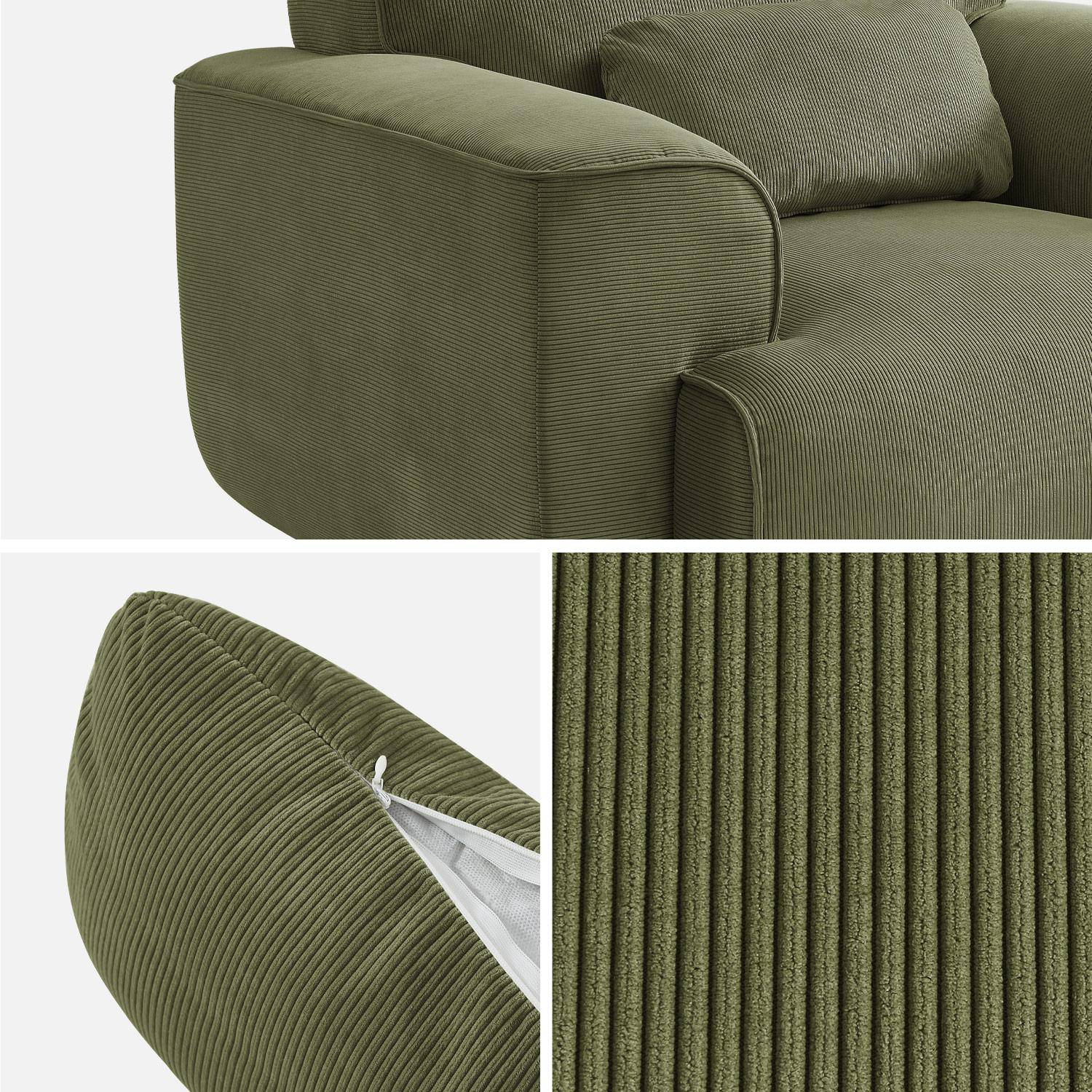 Fauteuil velours côtelé vert, lignes arrondies, coussin fourni, Wallas, L 116 x P 97 x H 73cm Photo6