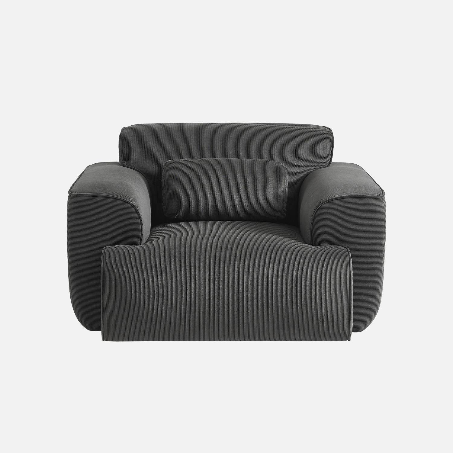 Fauteuil velours côtelé gris foncé, lignes arrondies, coussin fourni, Wallas, L 116 x P 97 x H 73cm,sweeek,Photo4