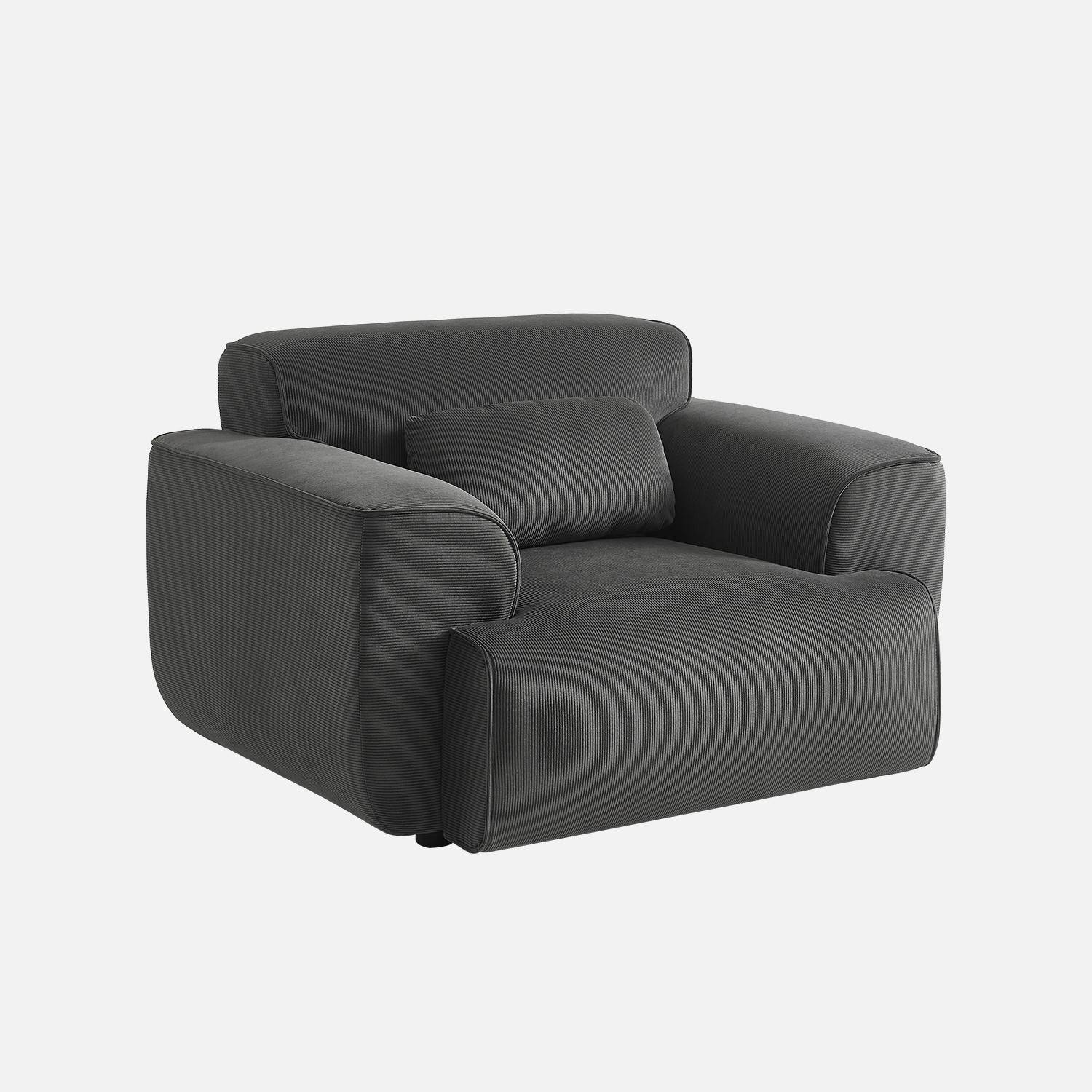 Donkergrijze corduroy fauteuil, ronde lijnen, inclusief kussen, Wallas, B 116 x D 97 x H 73cm Photo3