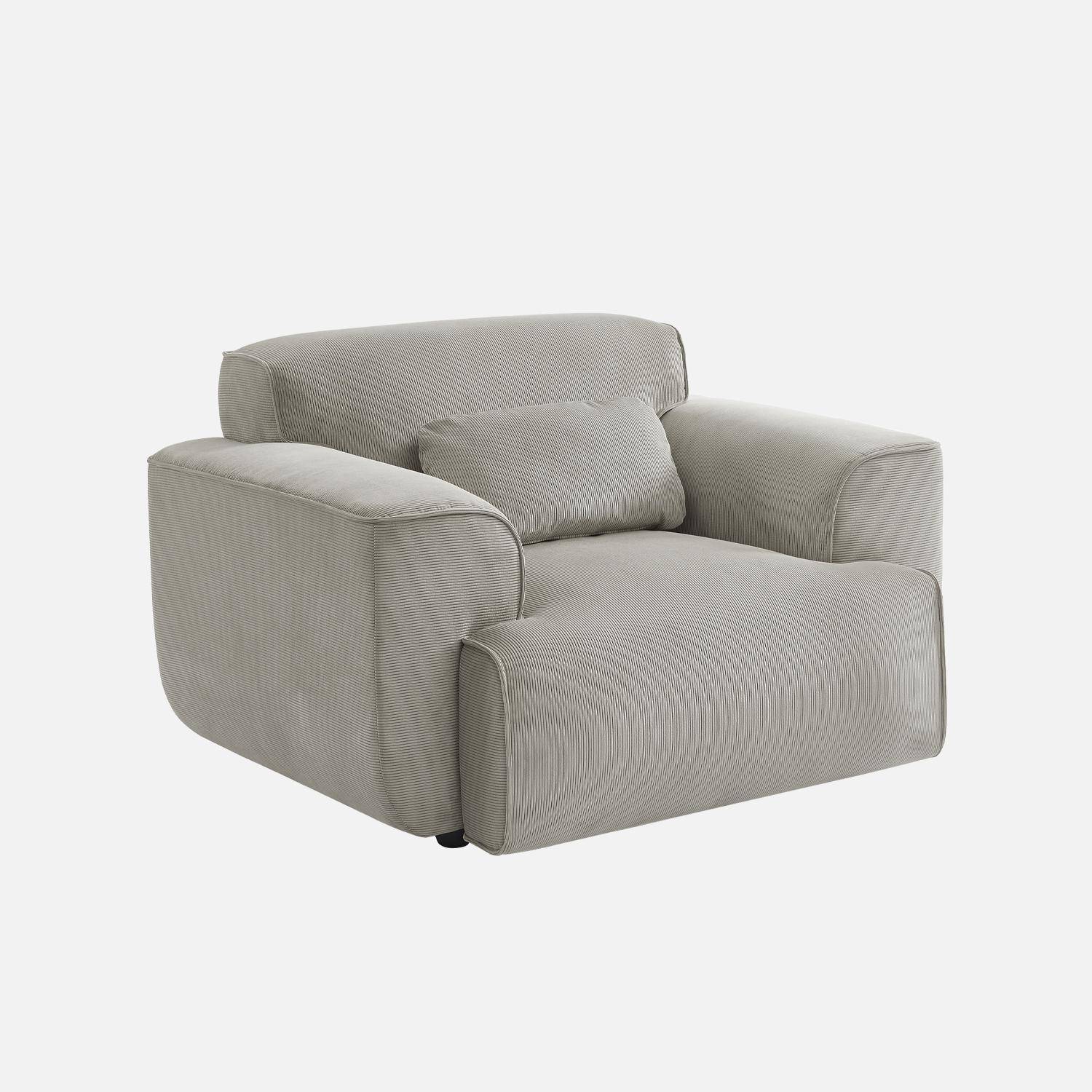 Fauteuil velours côtelé gris clair, lignes arrondies, coussin fourni, Wallas, L 116 x P 97 x H 73cm Photo3