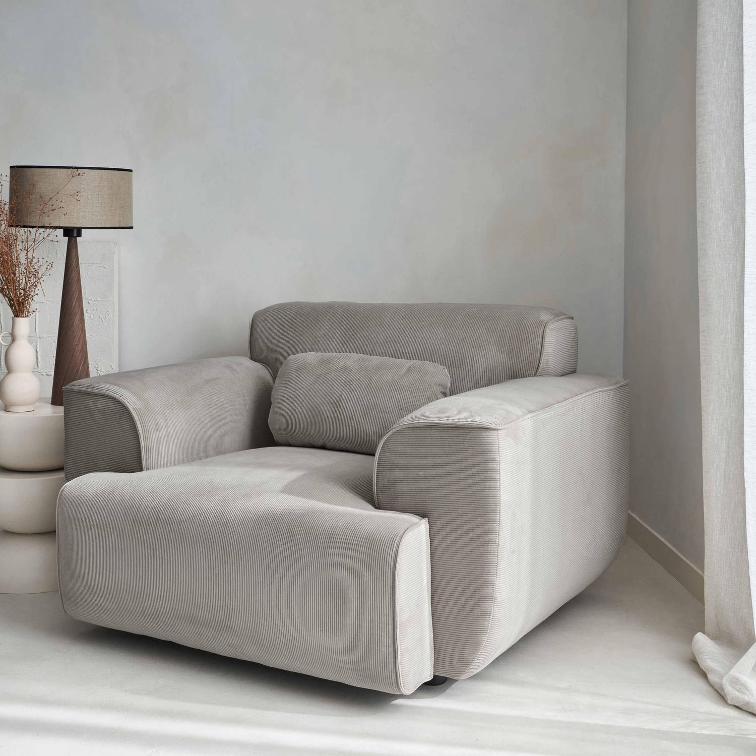 Scandi-style armchair in fine corduroy and hevea wood