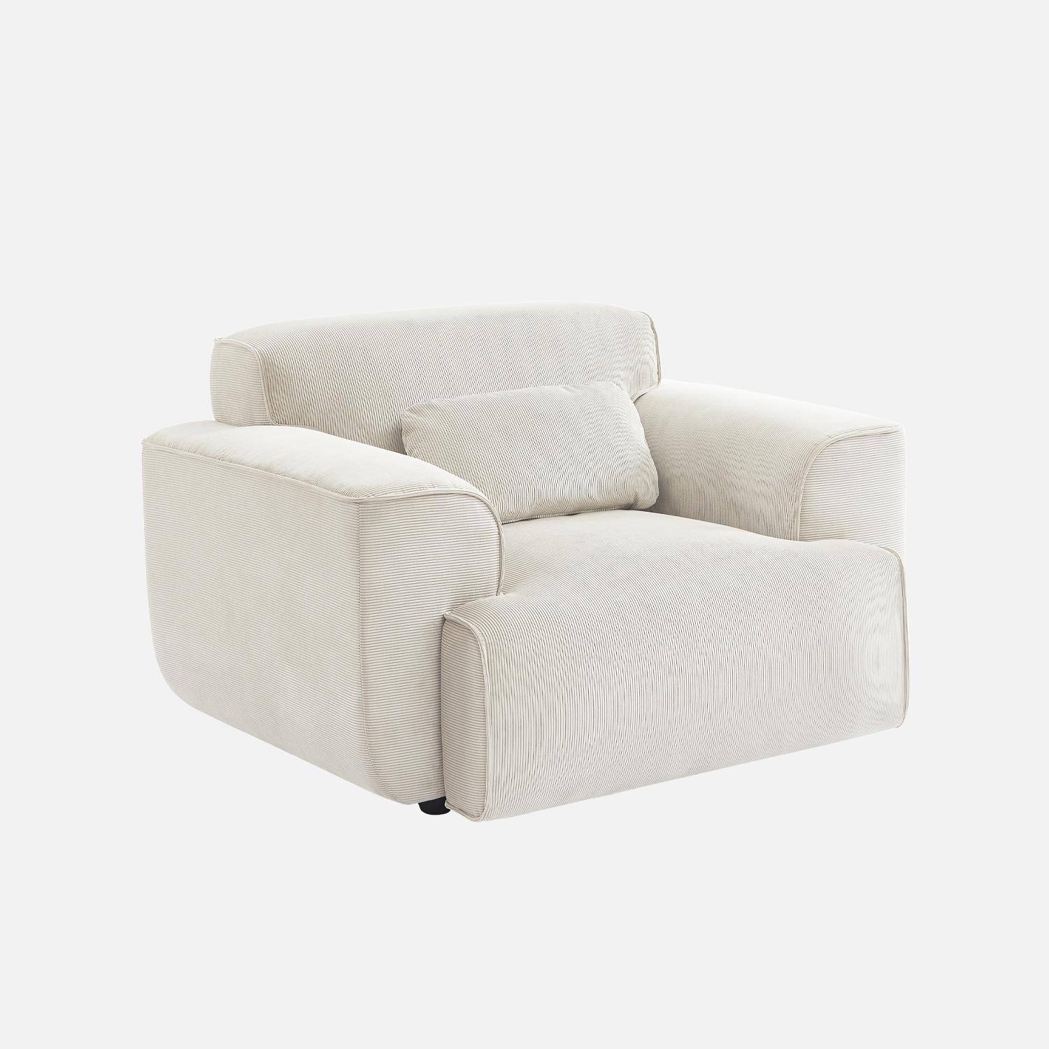 Fauteuil velours côtelé, blanc crème, lignes arrondies, coussin fourni, Wallas, L 116 x P 97 x H 73cm Photo3