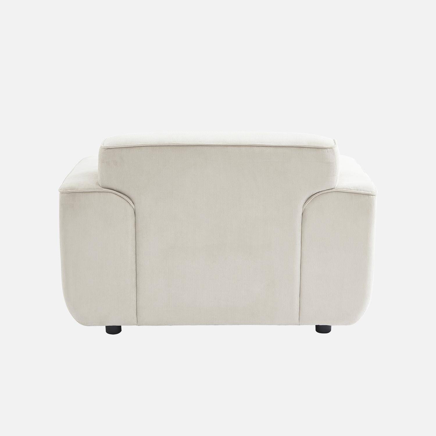 Fauteuil velours côtelé, blanc crème, lignes arrondies, coussin fourni, Wallas, L 116 x P 97 x H 73cm Photo5