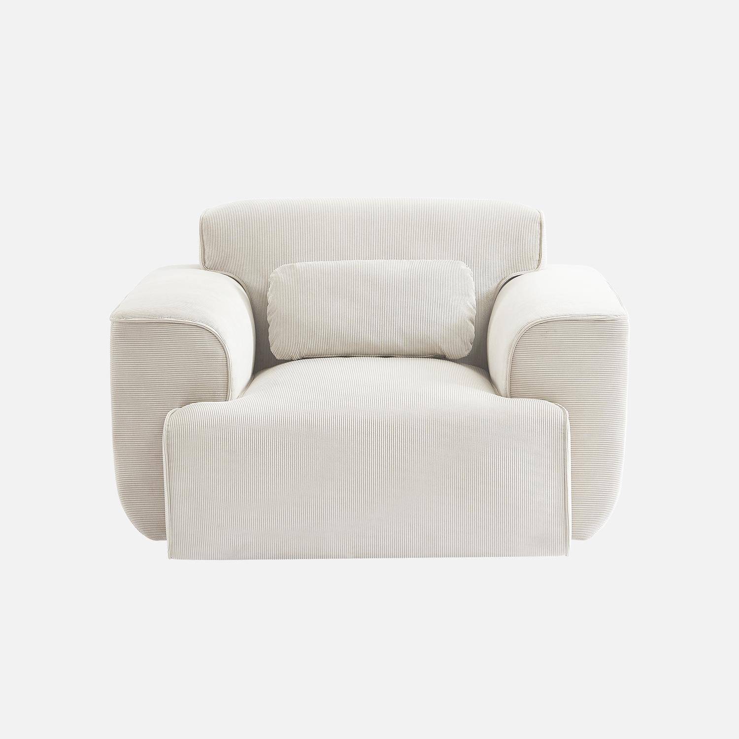 Fauteuil velours côtelé, blanc crème, lignes arrondies, coussin fourni, Wallas, L 116 x P 97 x H 73cm Photo4