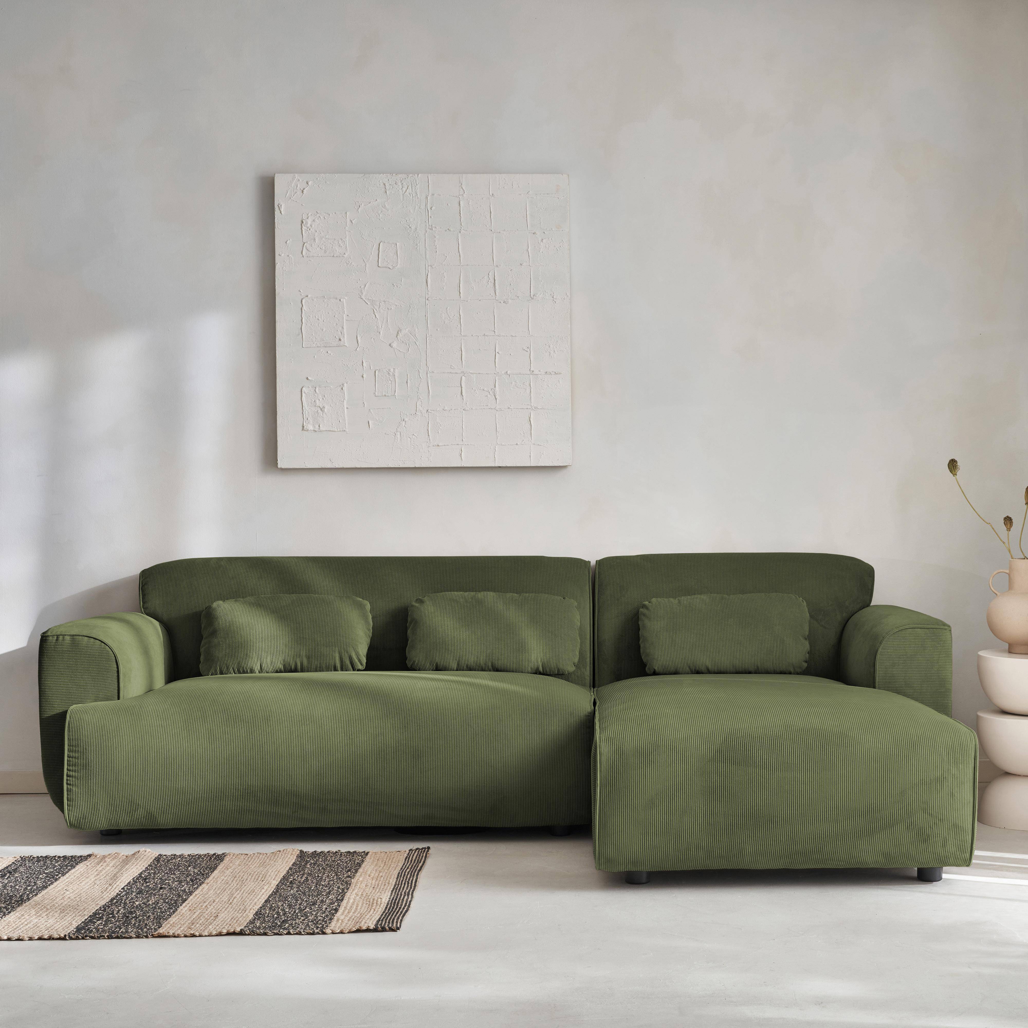 Ecksofa, Recamiere rechts, 3-Sitzer, cremefarbener Cordbezug| sweeek